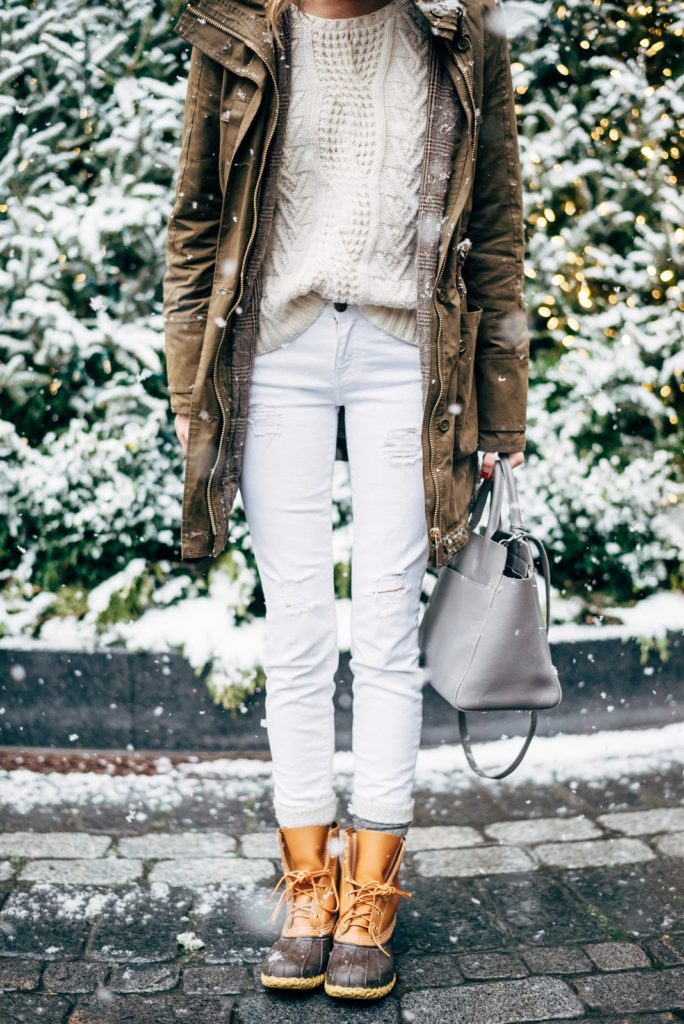 winter white outfit duck boots