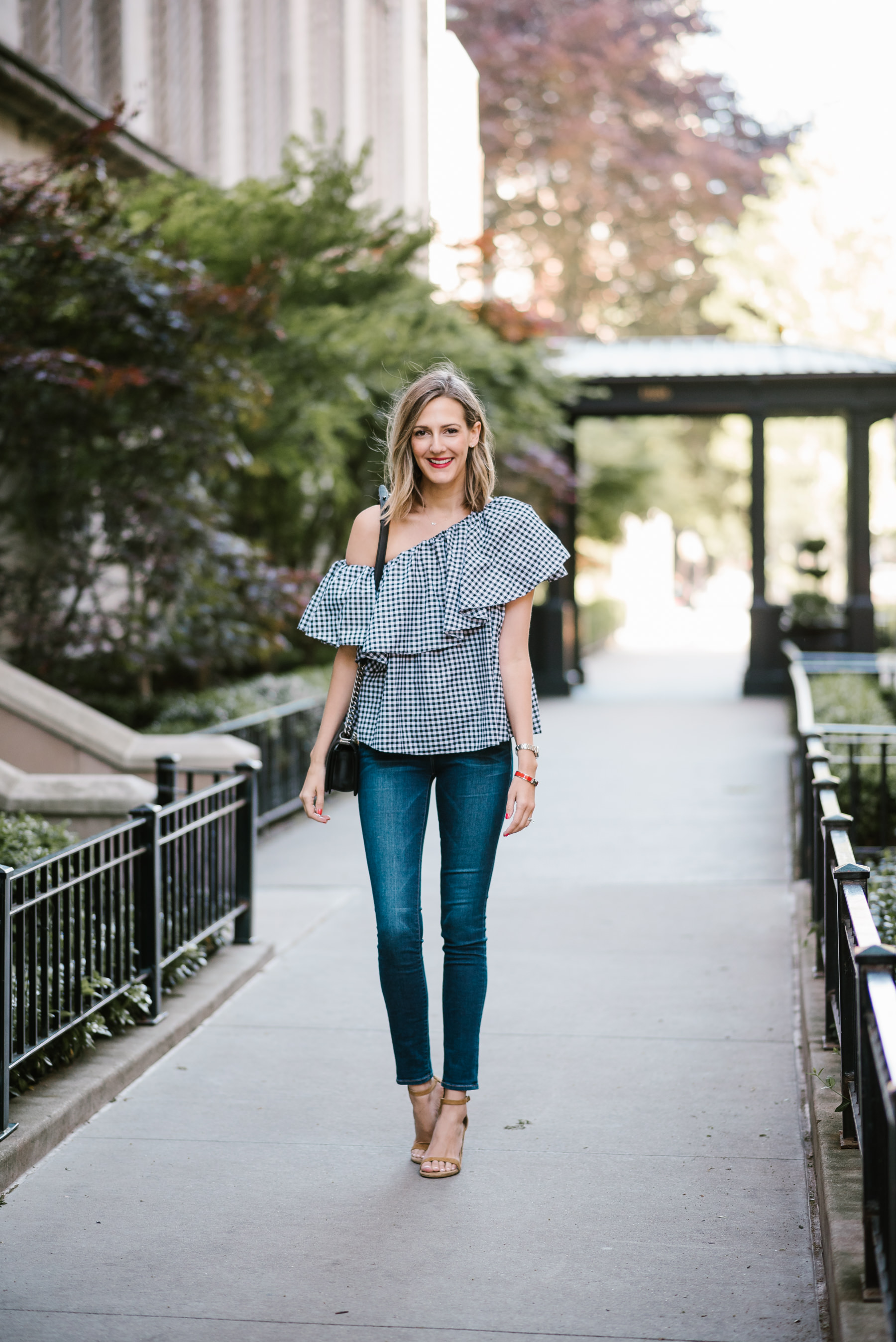 gingham one shoulder top