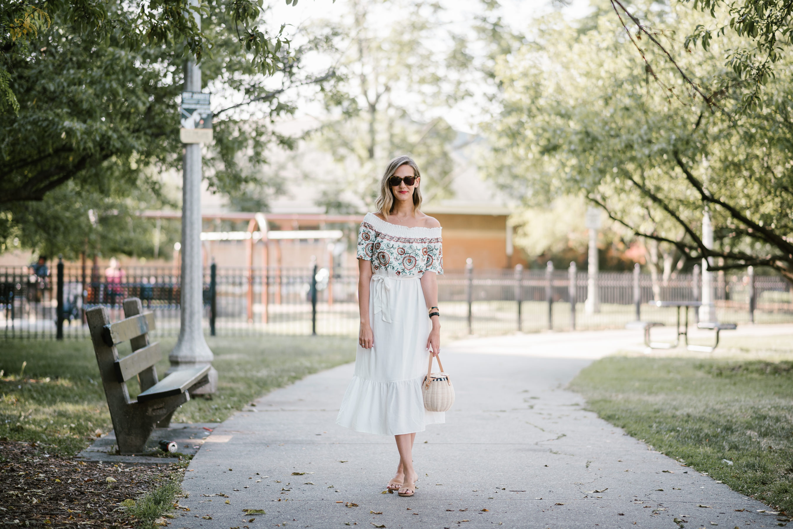 line dot off the shoulder embroidered dress