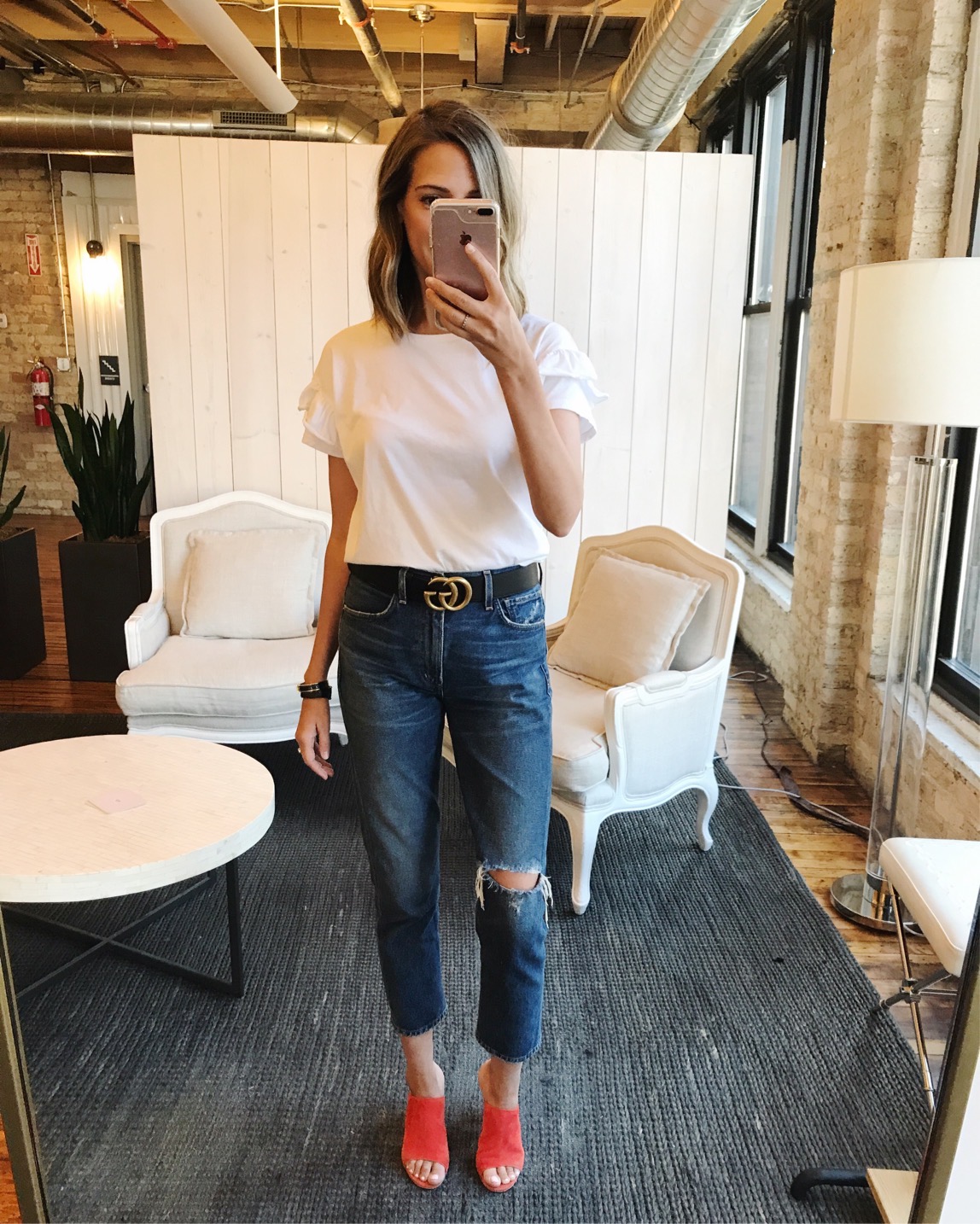 WHBM top, Citizens of Humanity jeans, Gucci belt, M Gemi mules #ootd