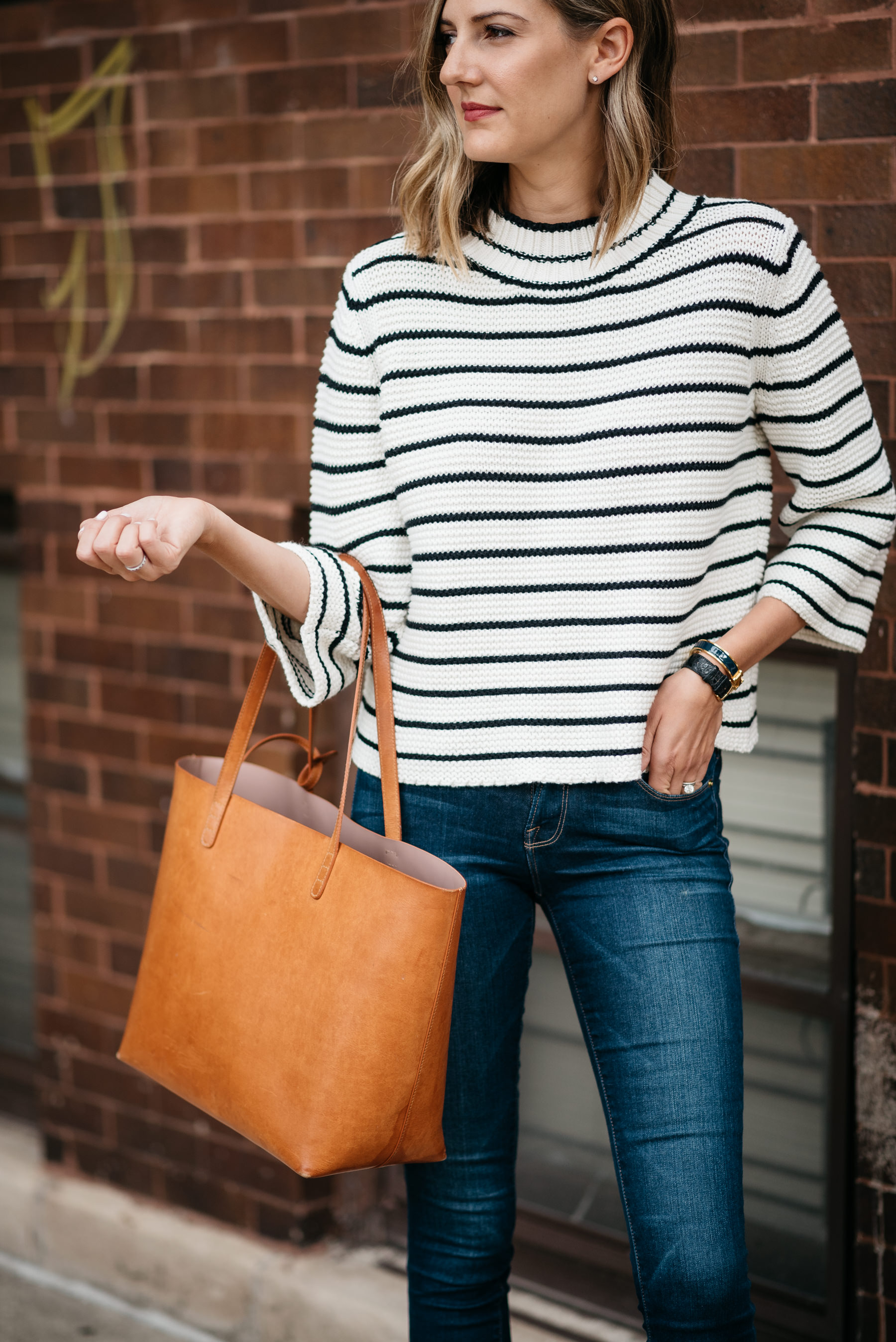 striped sweater jeans outfit fall