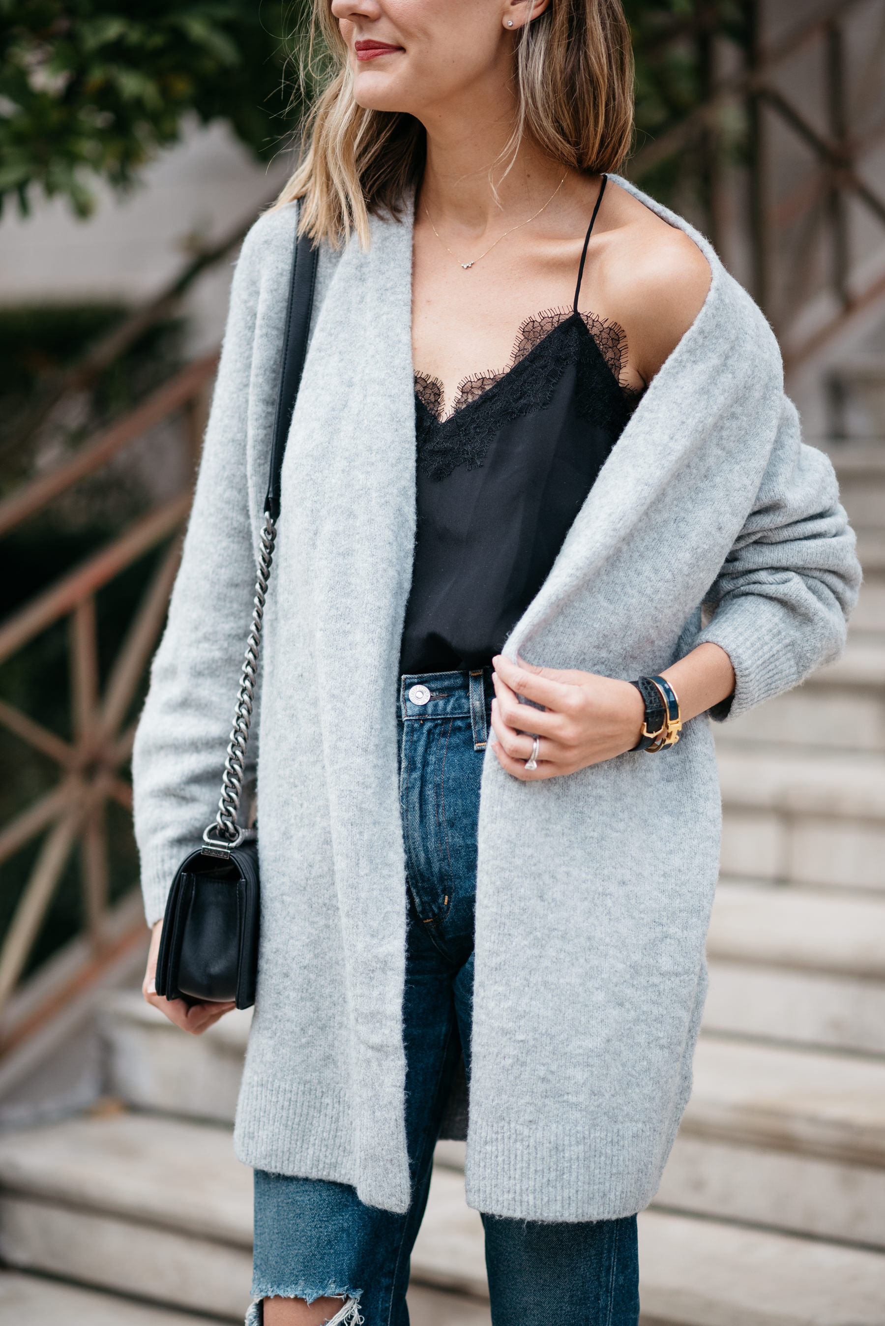 how to wear a boyfriend cardigan with a sexy lace cami for fall