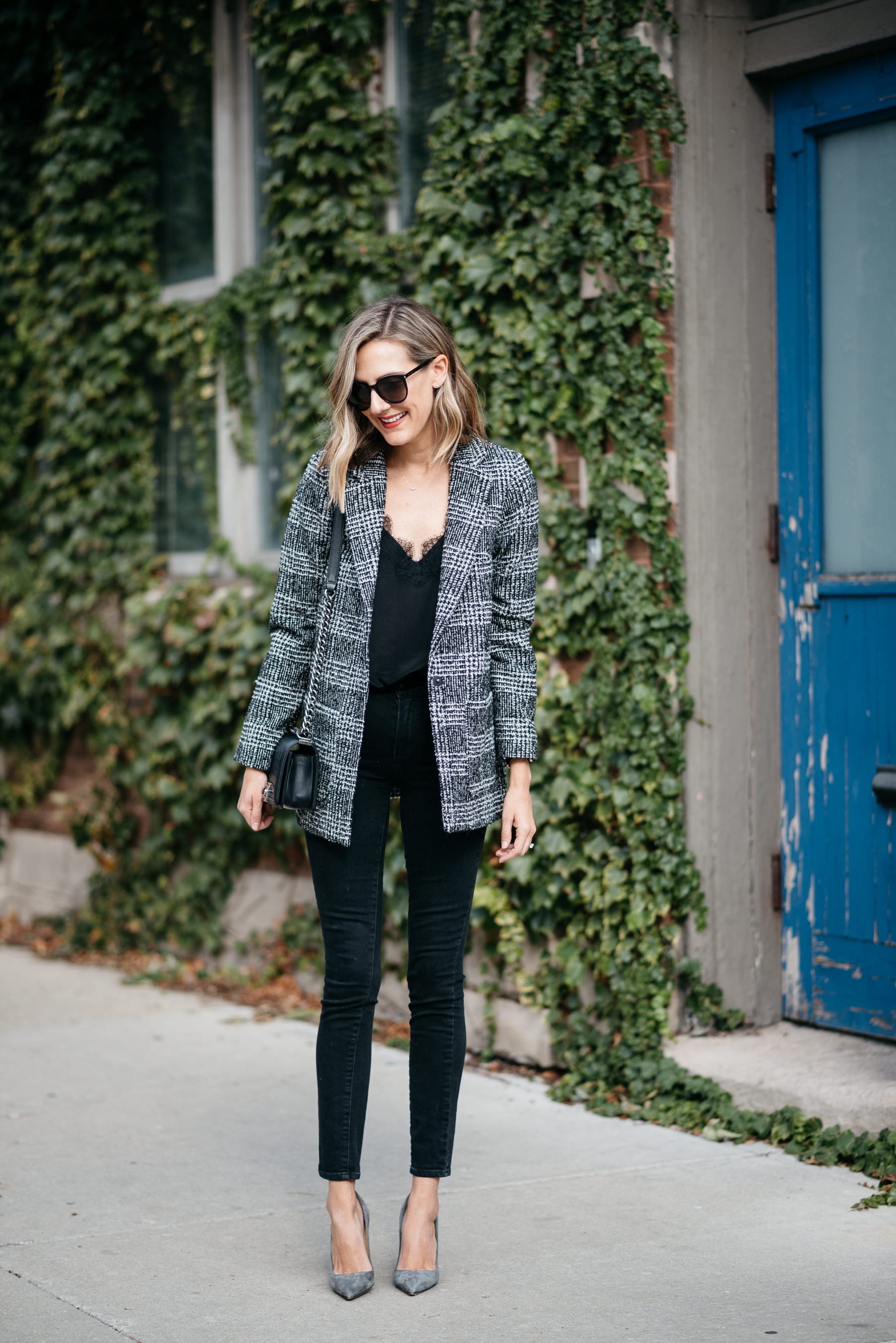 plaid boyfriend check blazer outfit