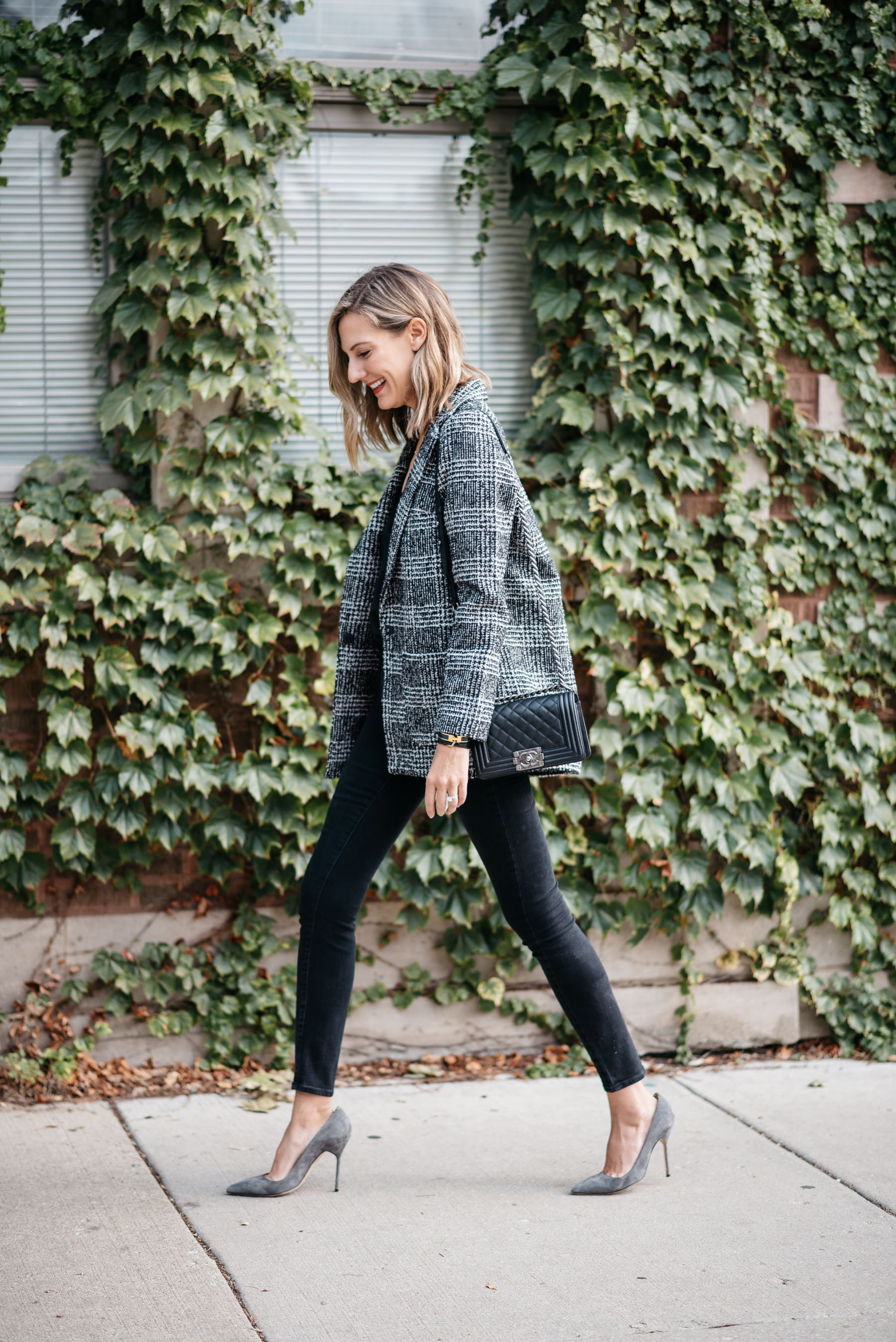 Grey plaid boyfriend blazer sale