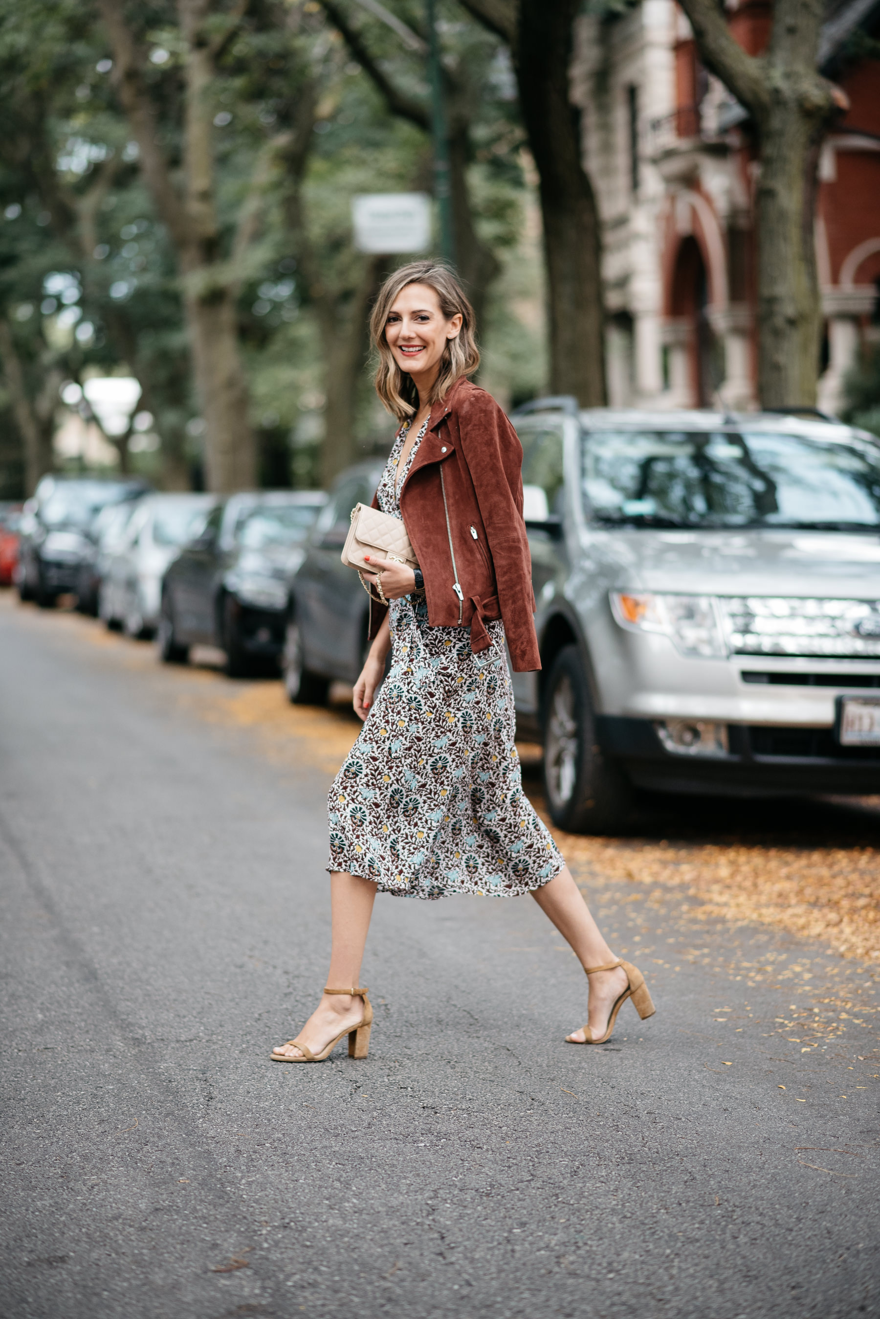 fall transition outfit dress suede jacket