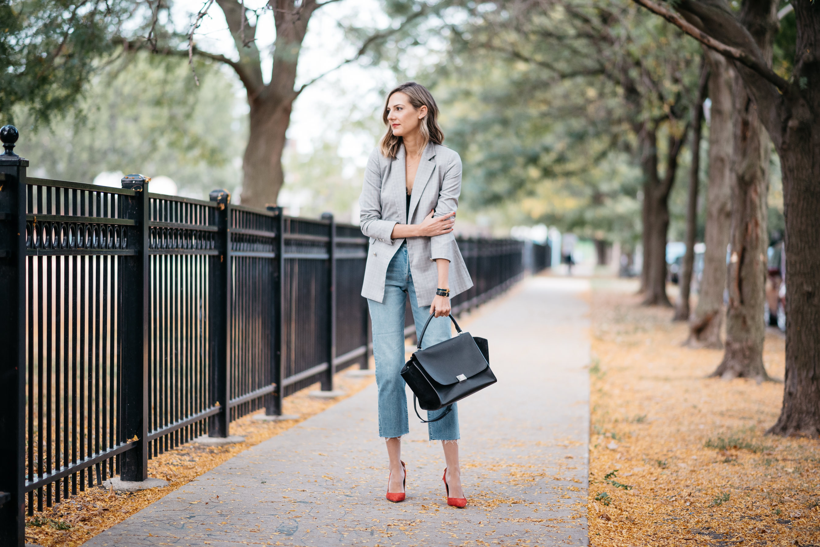 how to wear tailored oversized plaid blazer with jeans or to the office