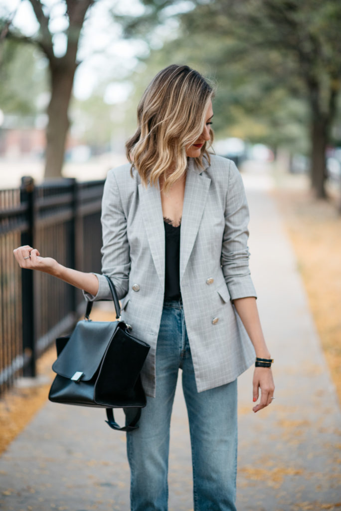 how to wear tailored oversized plaid blazer with jeans or to the office