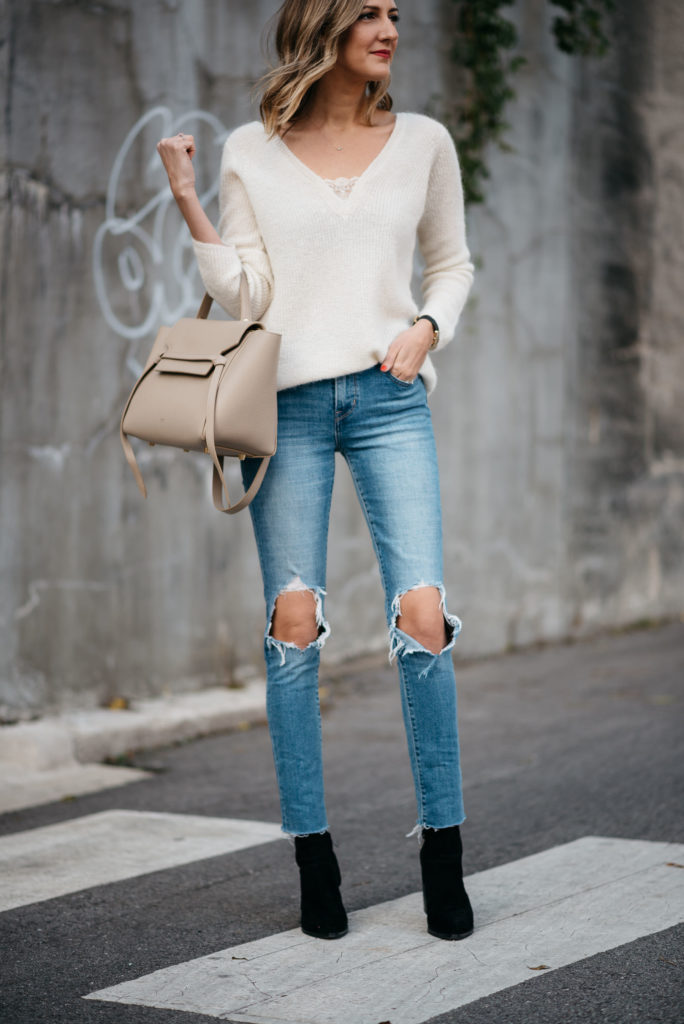 easy outfit distressed jeans simple sweater sezane levis celine bag