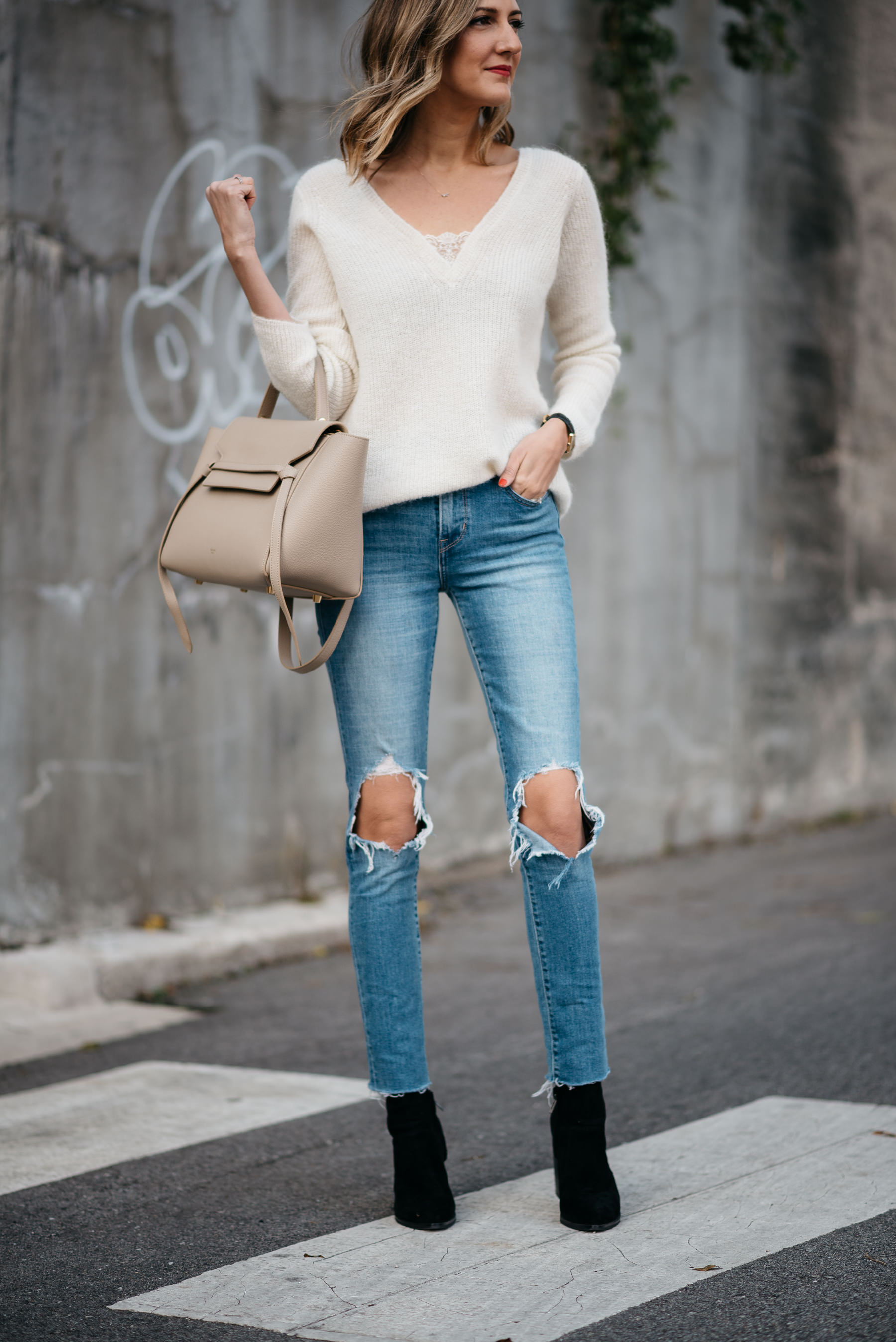 easy outfit distressed jeans simple sweater sezane levis celine bag