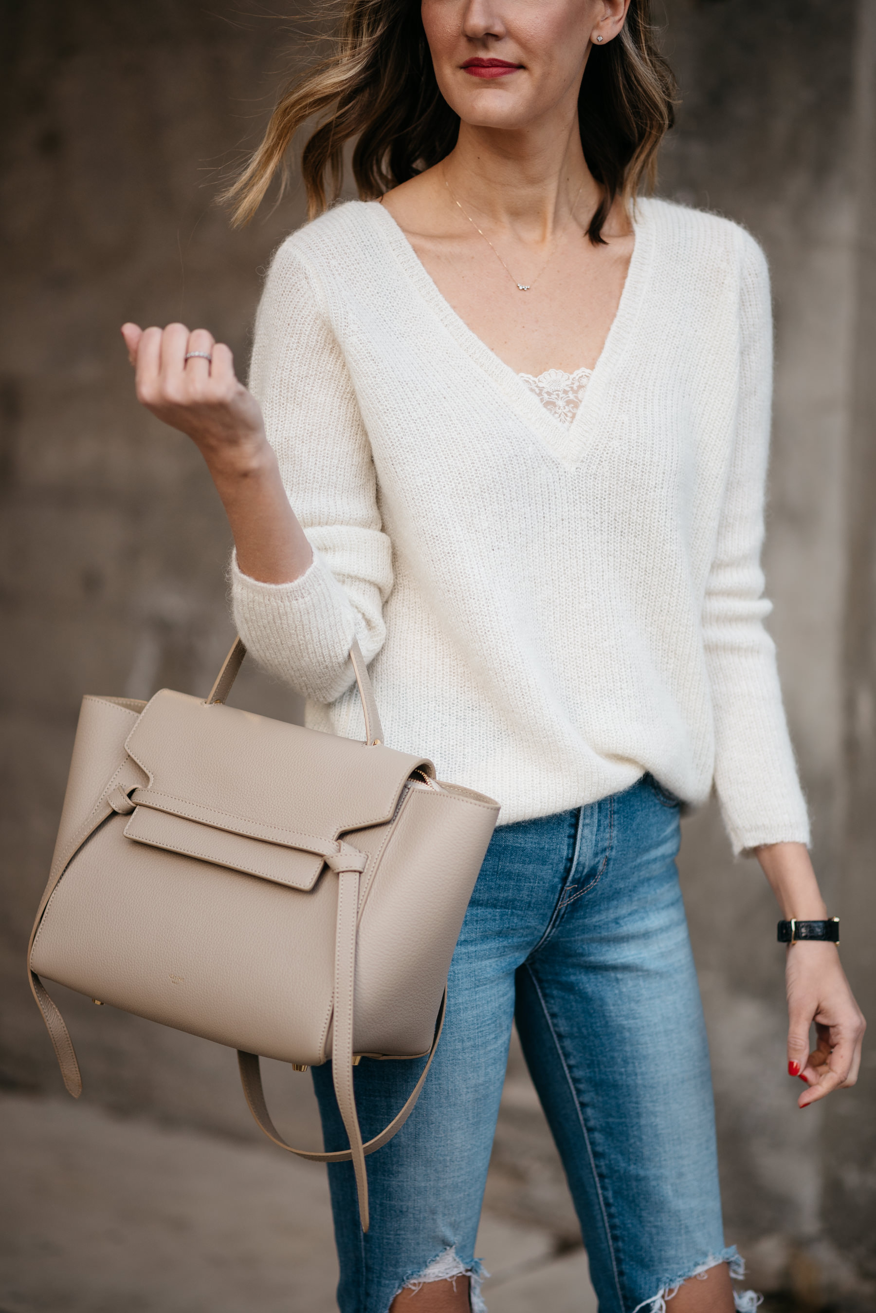 easy outfit distressed jeans simple sweater sezane levis celine bag