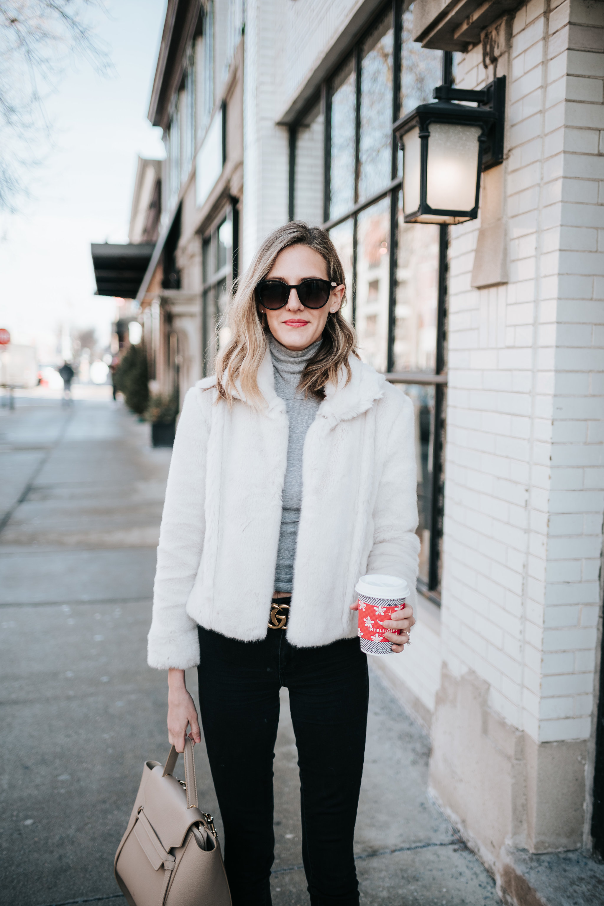 white fluffy jacket outfit