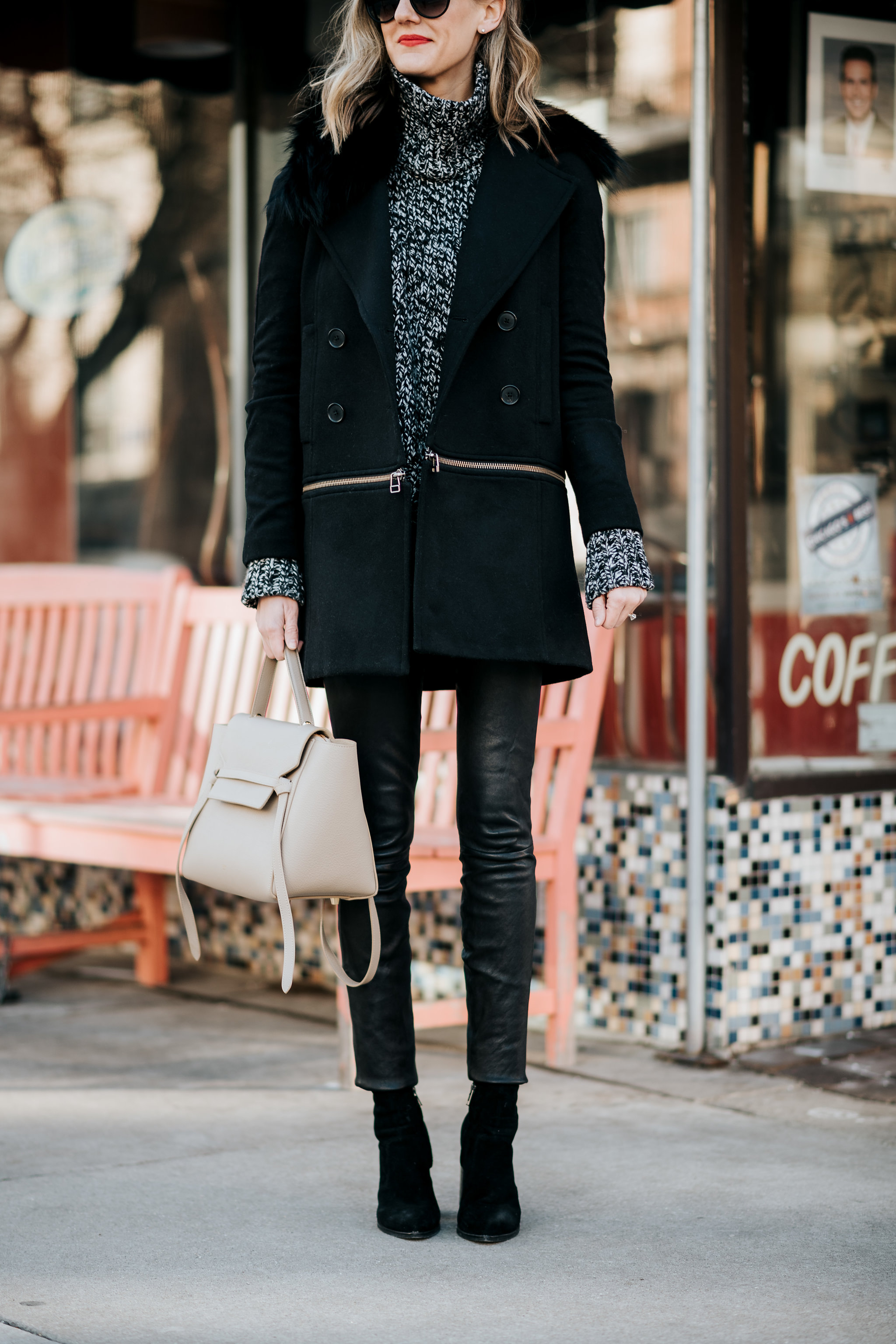 theory leather leggings celine belt bad marled sweater veronica beard coat