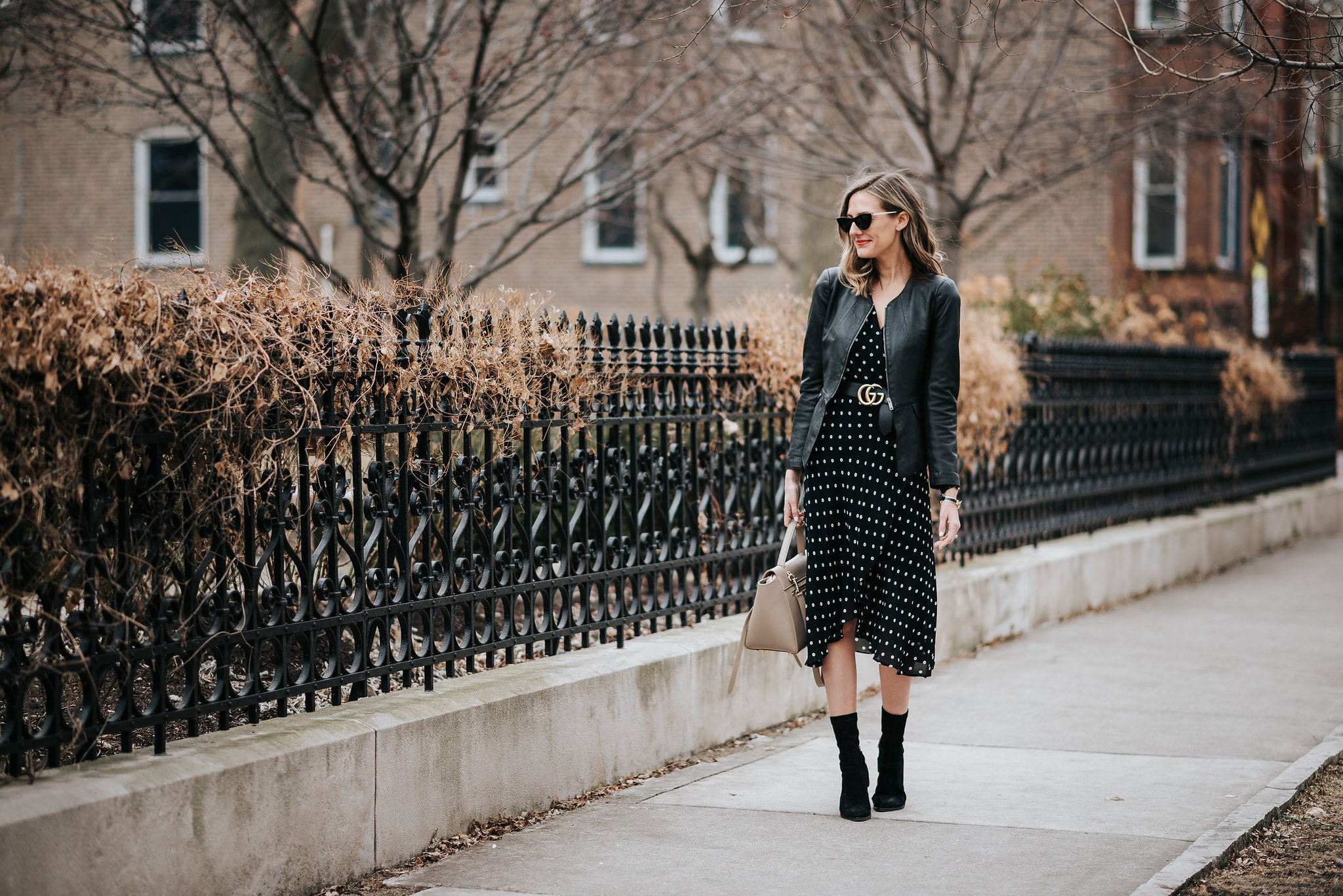 polka dot midi dress bardot nordstrom celine belt bag gucci belt