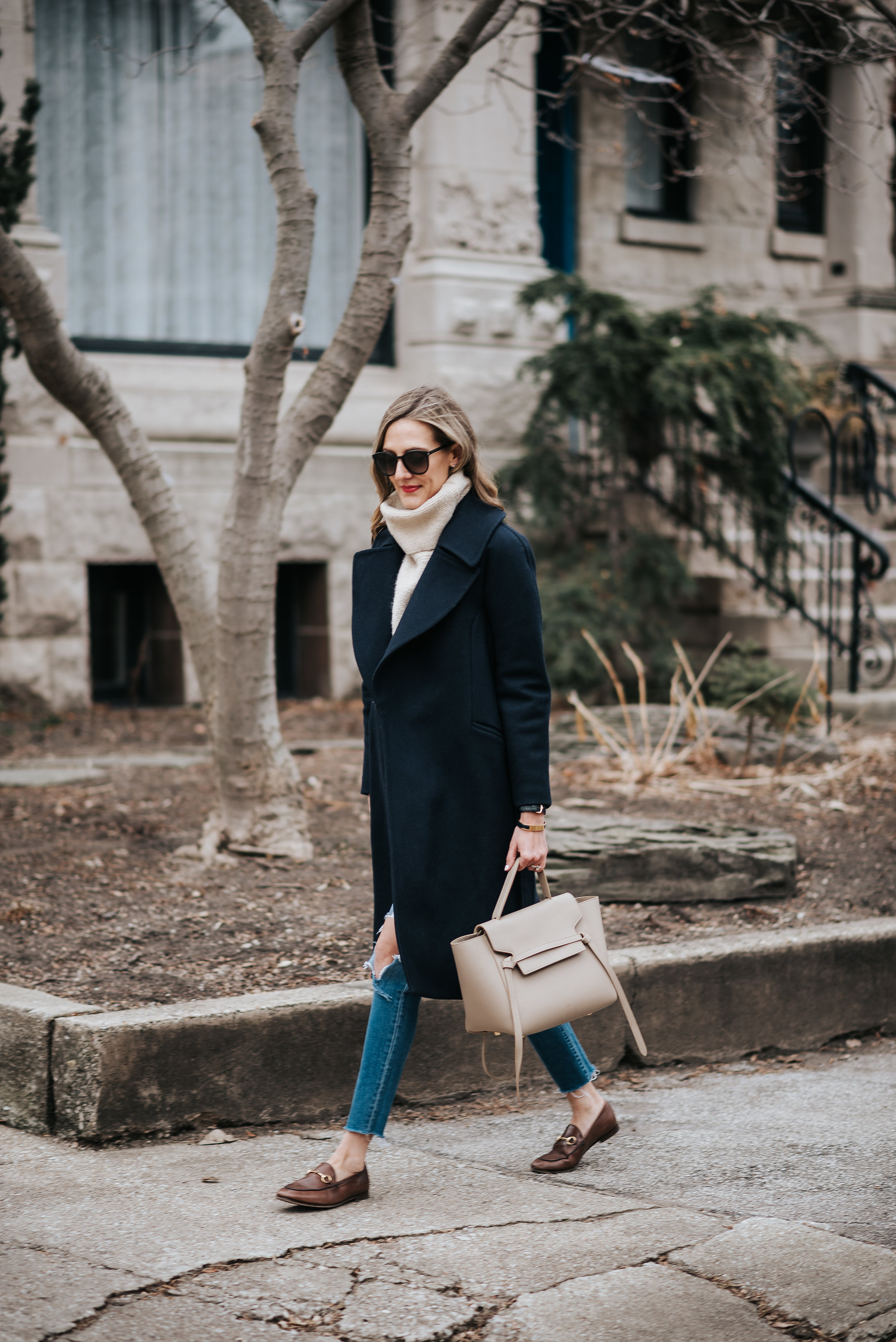 classic winter outfit how to wear gucci loafers celine belt bag