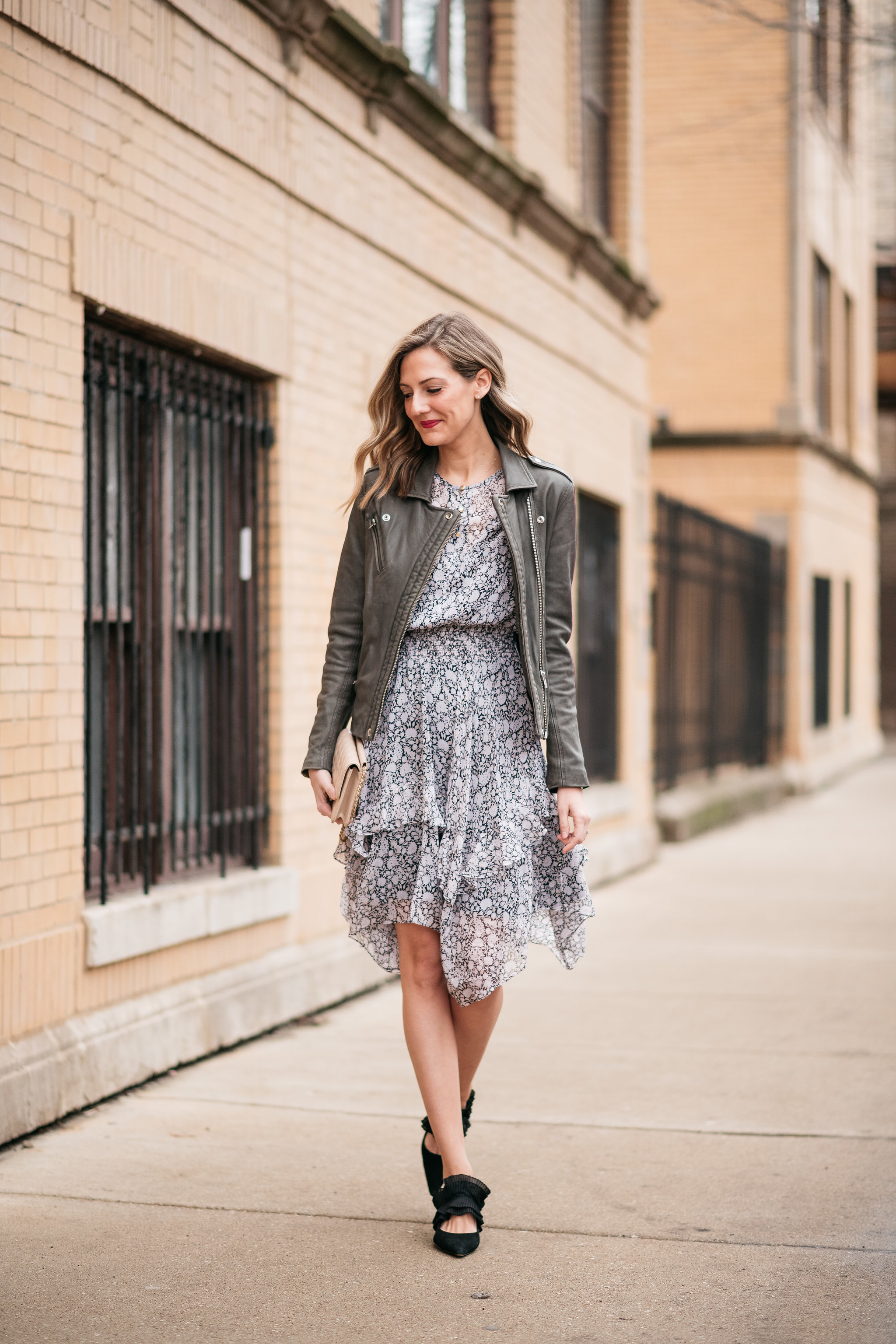 leather jacket with dress outfit