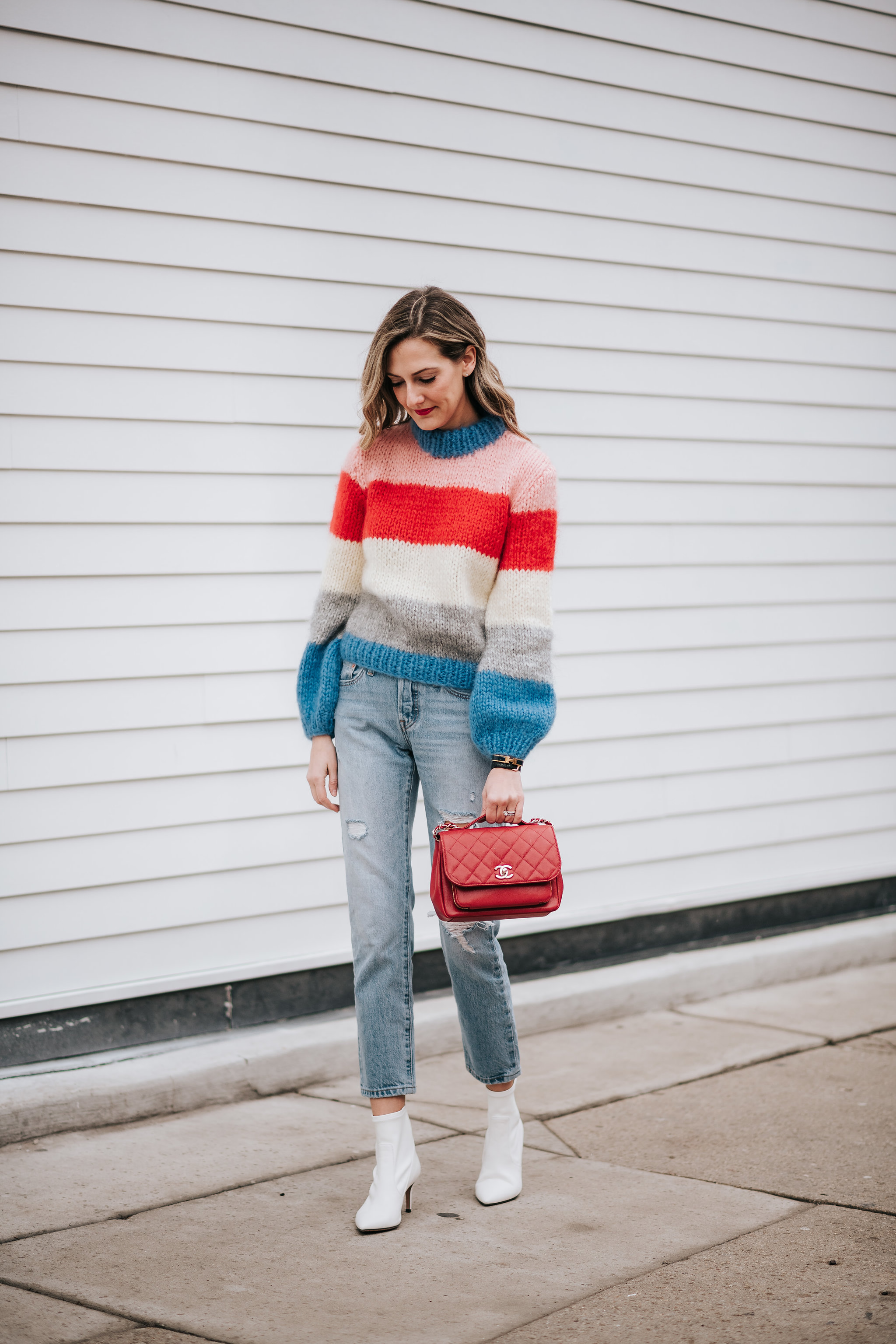 how to wear white booties levi's 501 ganni sweater