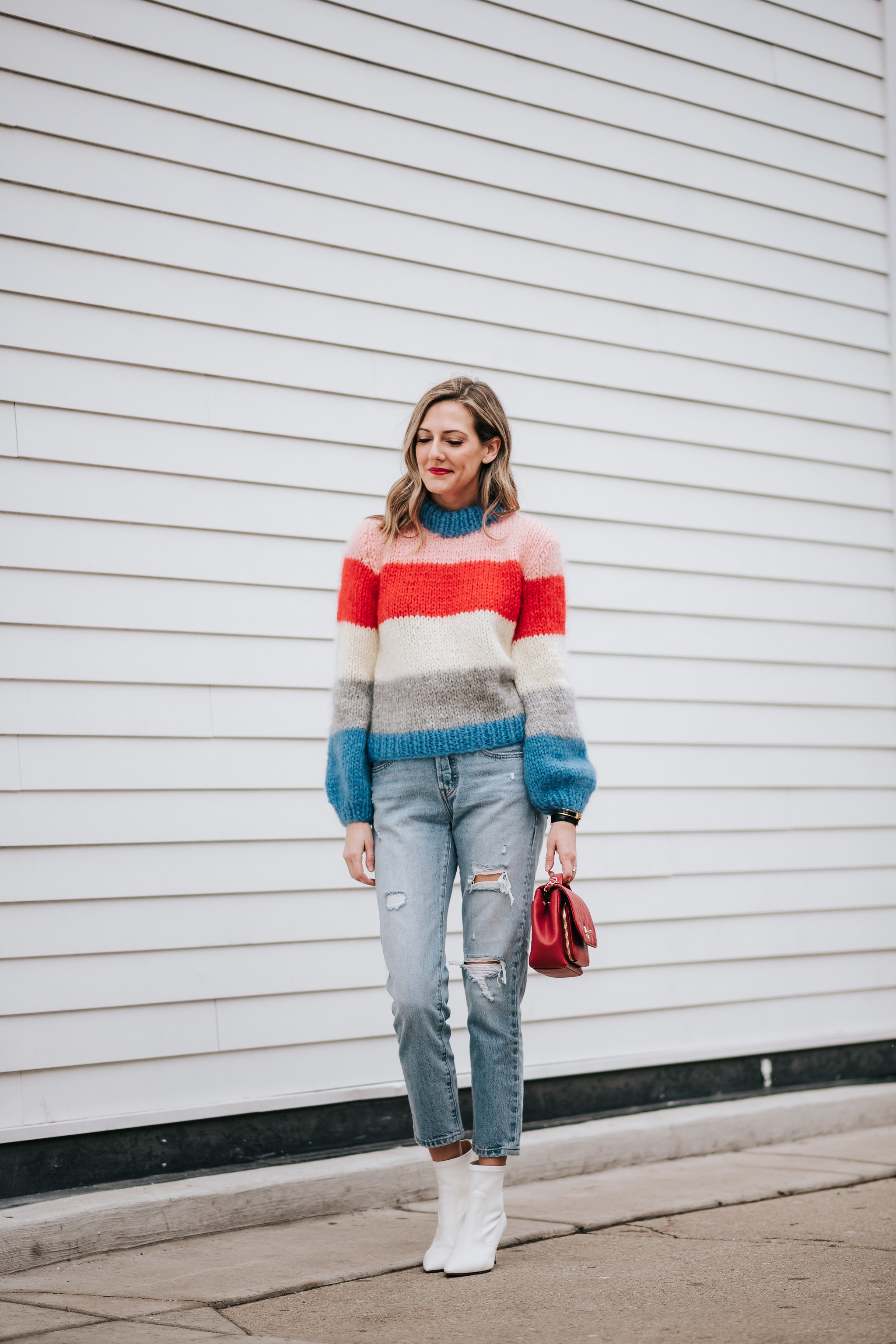 how to wear white booties levi's 501 ganni sweater