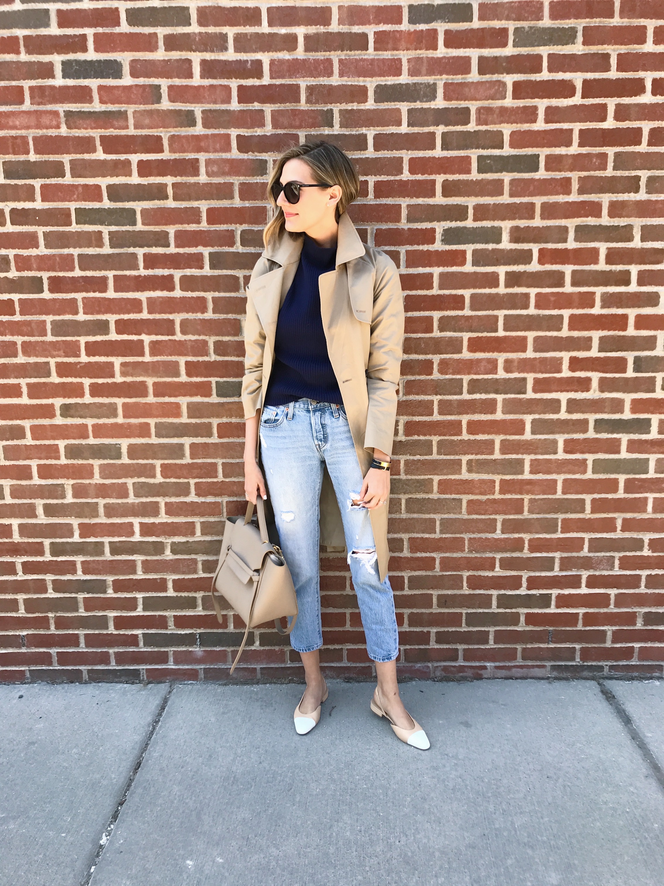 classic trench coat outfit chanel flats