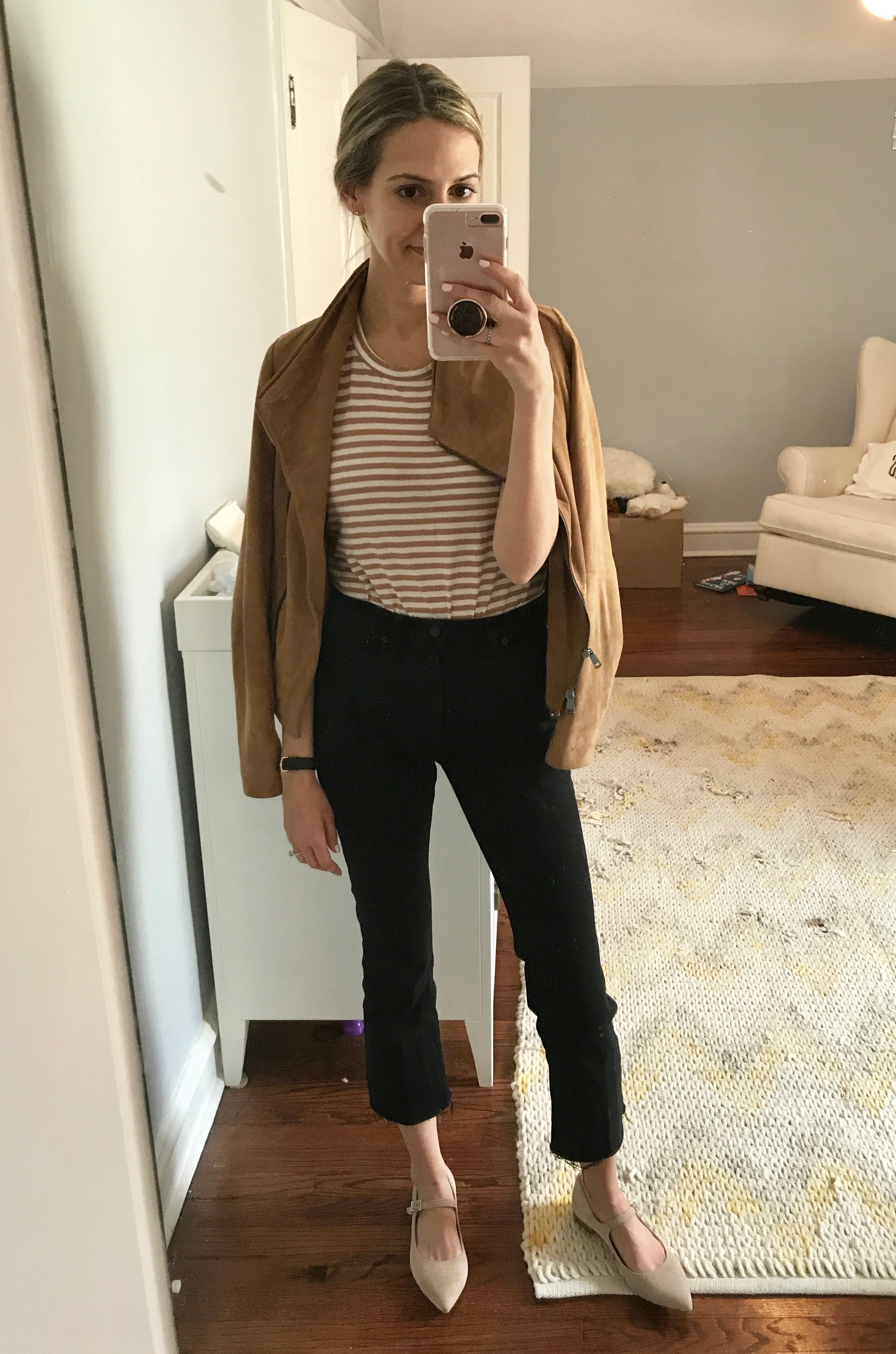 crop flare jeans striped top leather jacket
