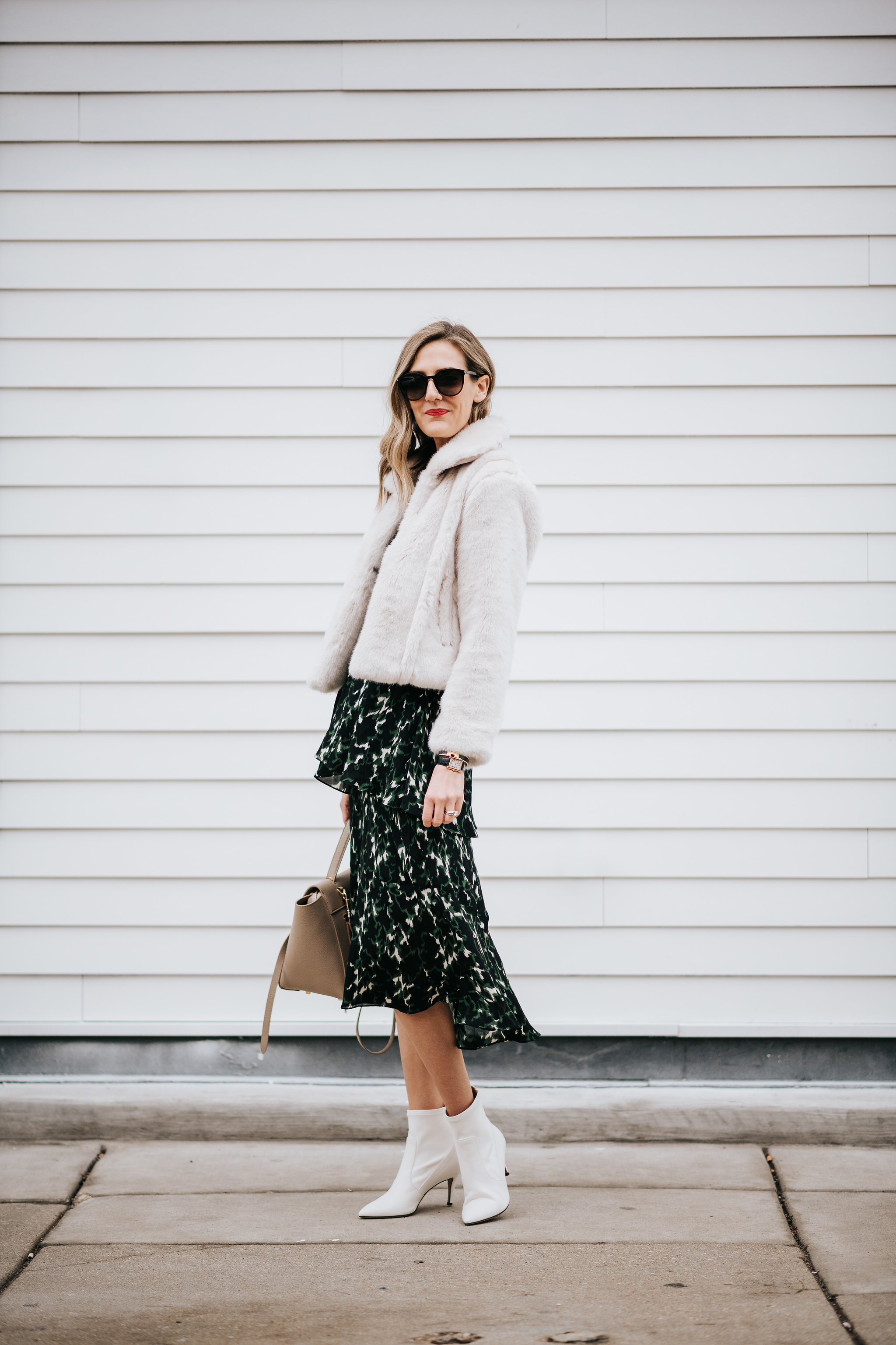 how to wear white booties for spring with a dress skirt transition