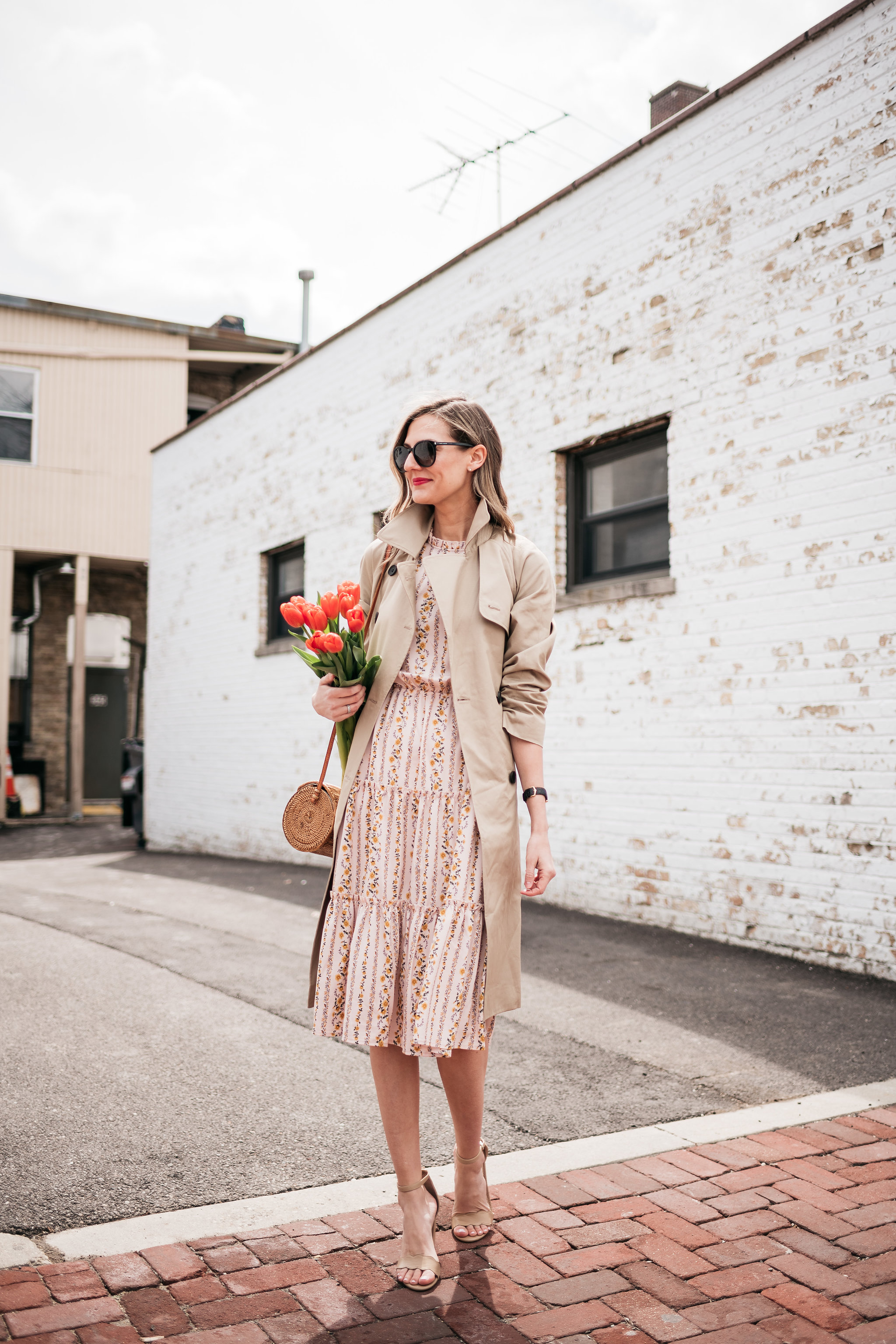 trench neutrals look dress woven bag