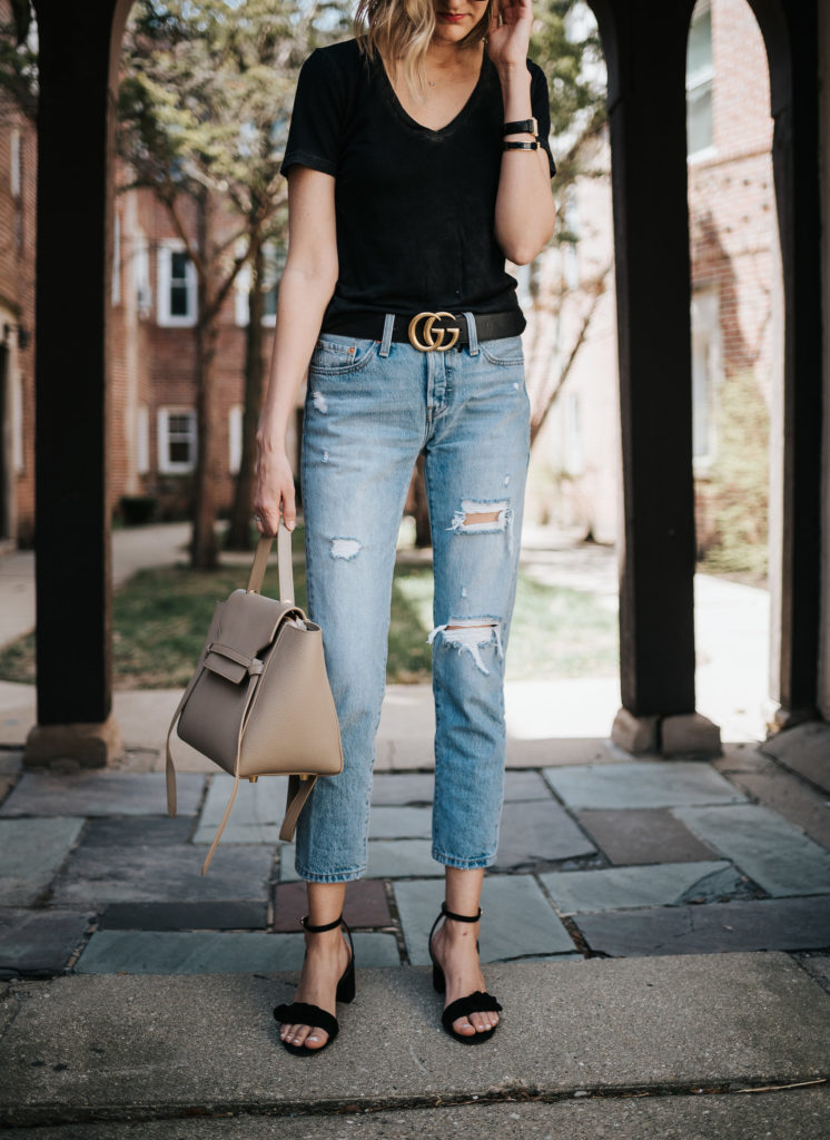 best t-shirt and jeans combination how to dress it up gucci belt heels ...
