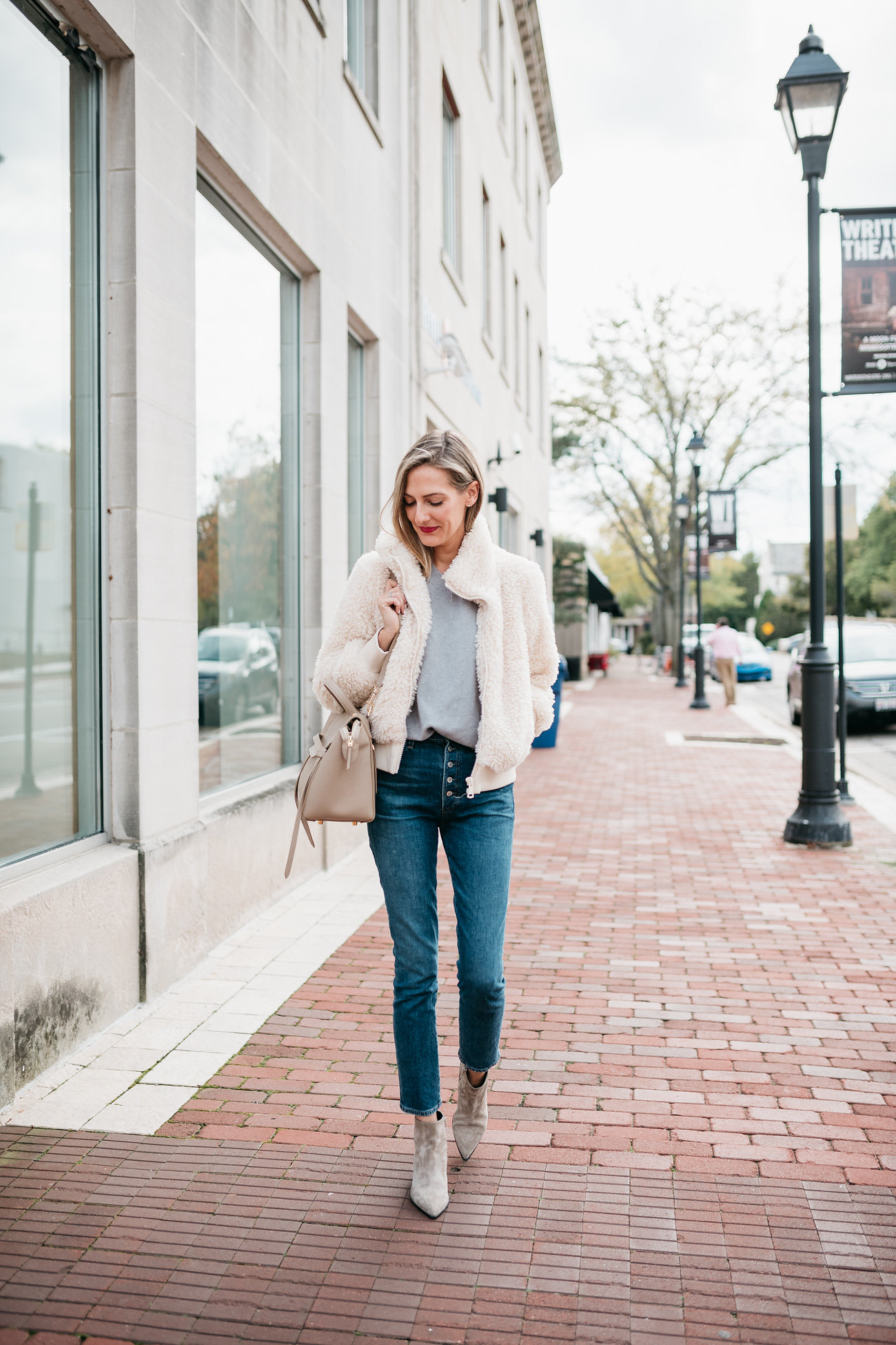 faux shearling bomber outfit cozy