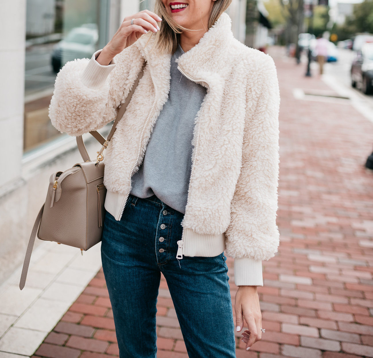 faux shearling bomber outfit cozy