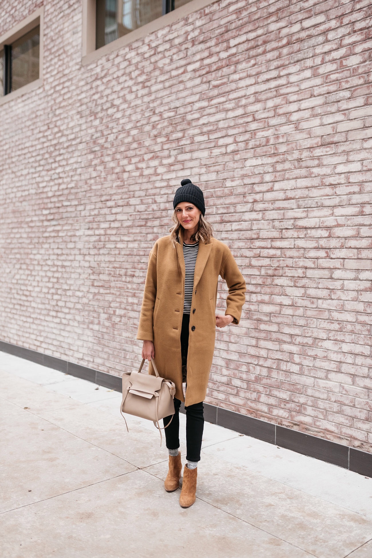 how to wear socks with booties camel coat stripes everlane