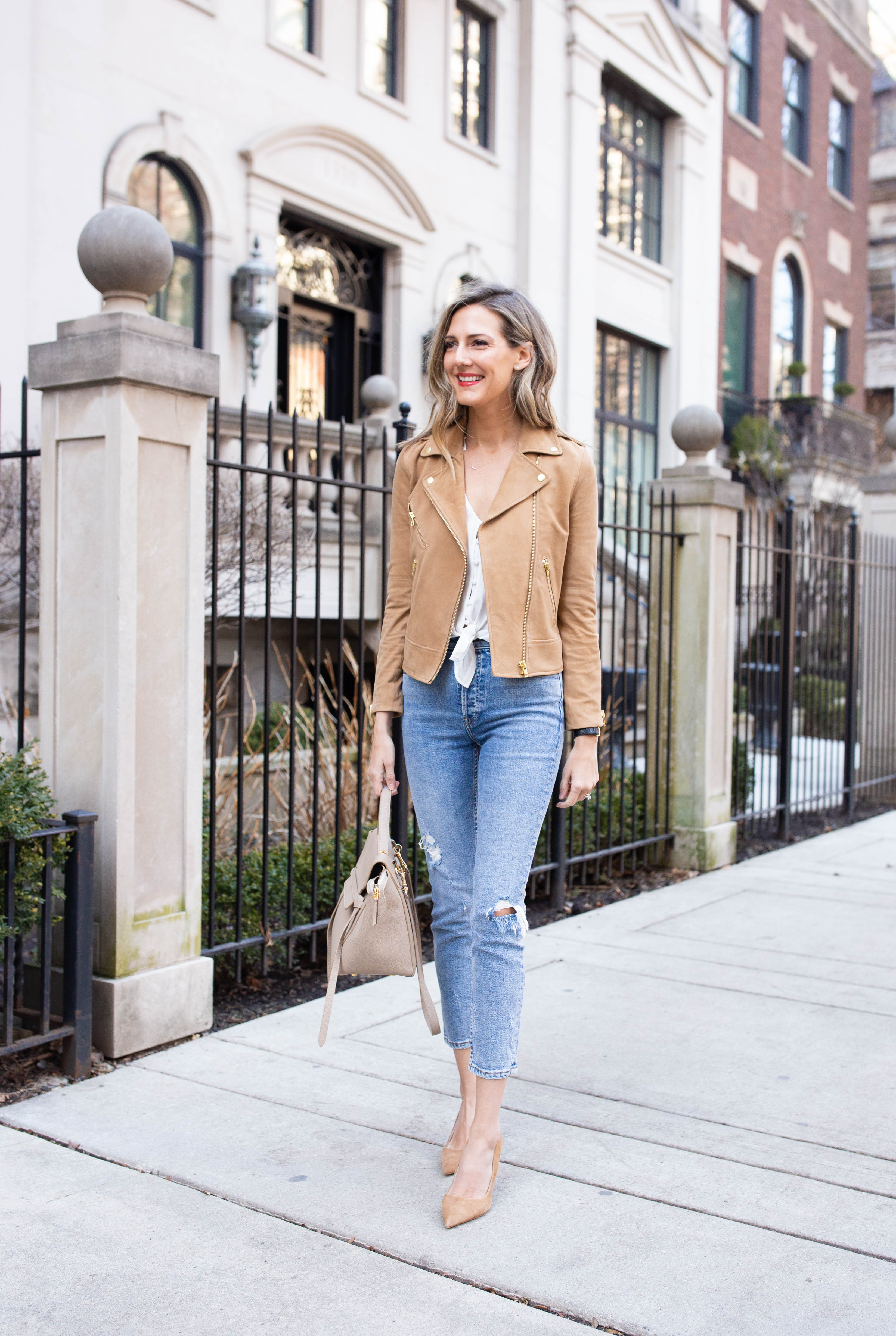 intermix spring outfit jeans suede jacket