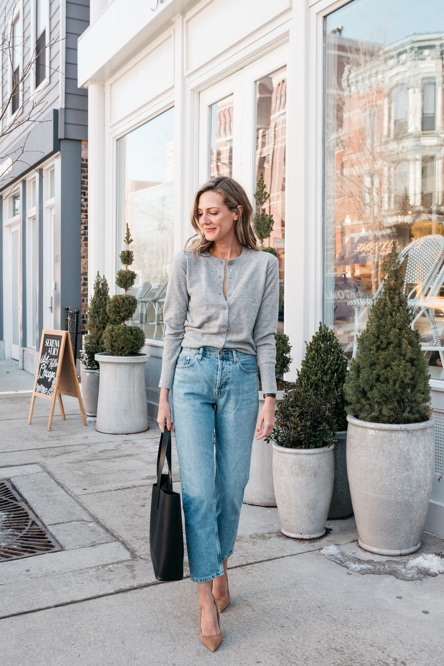 preppy cardigan with jeans