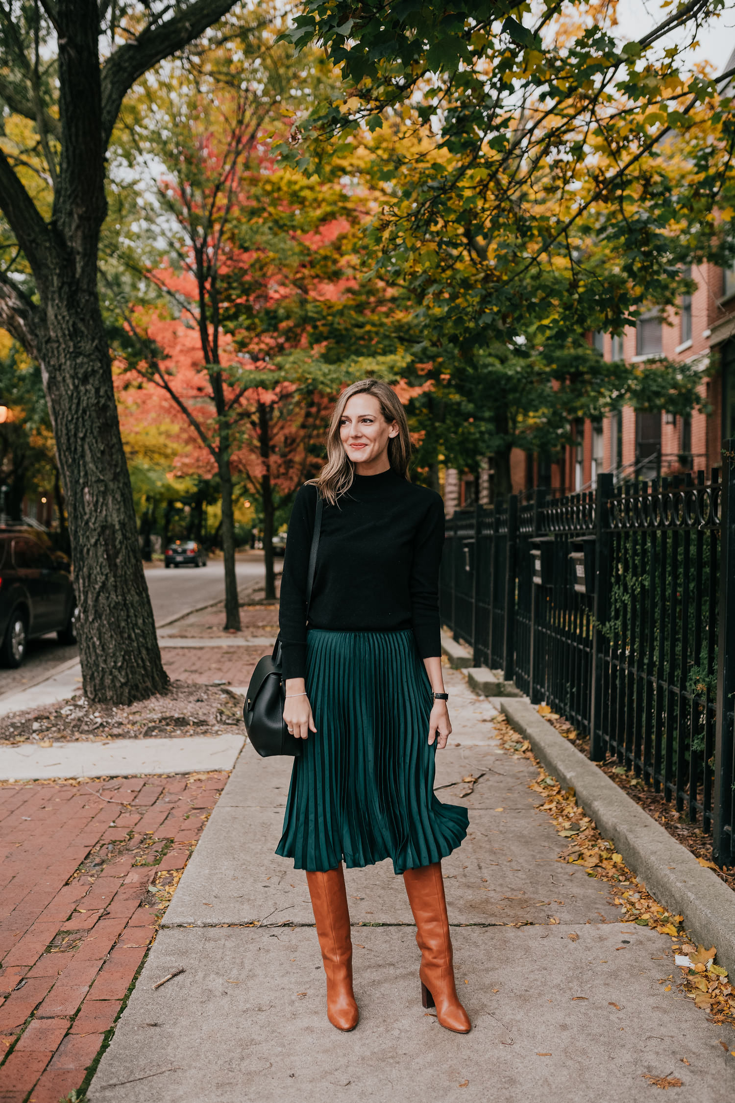 Green skirt again, now with dark top and booties. The pairing with