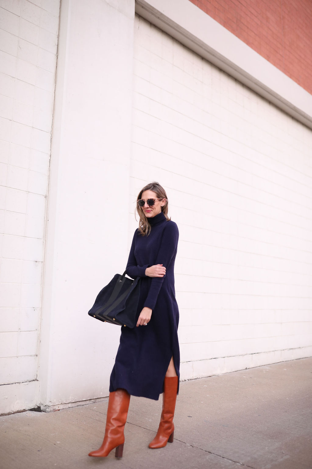 turtleneck sweater dress cognac boots