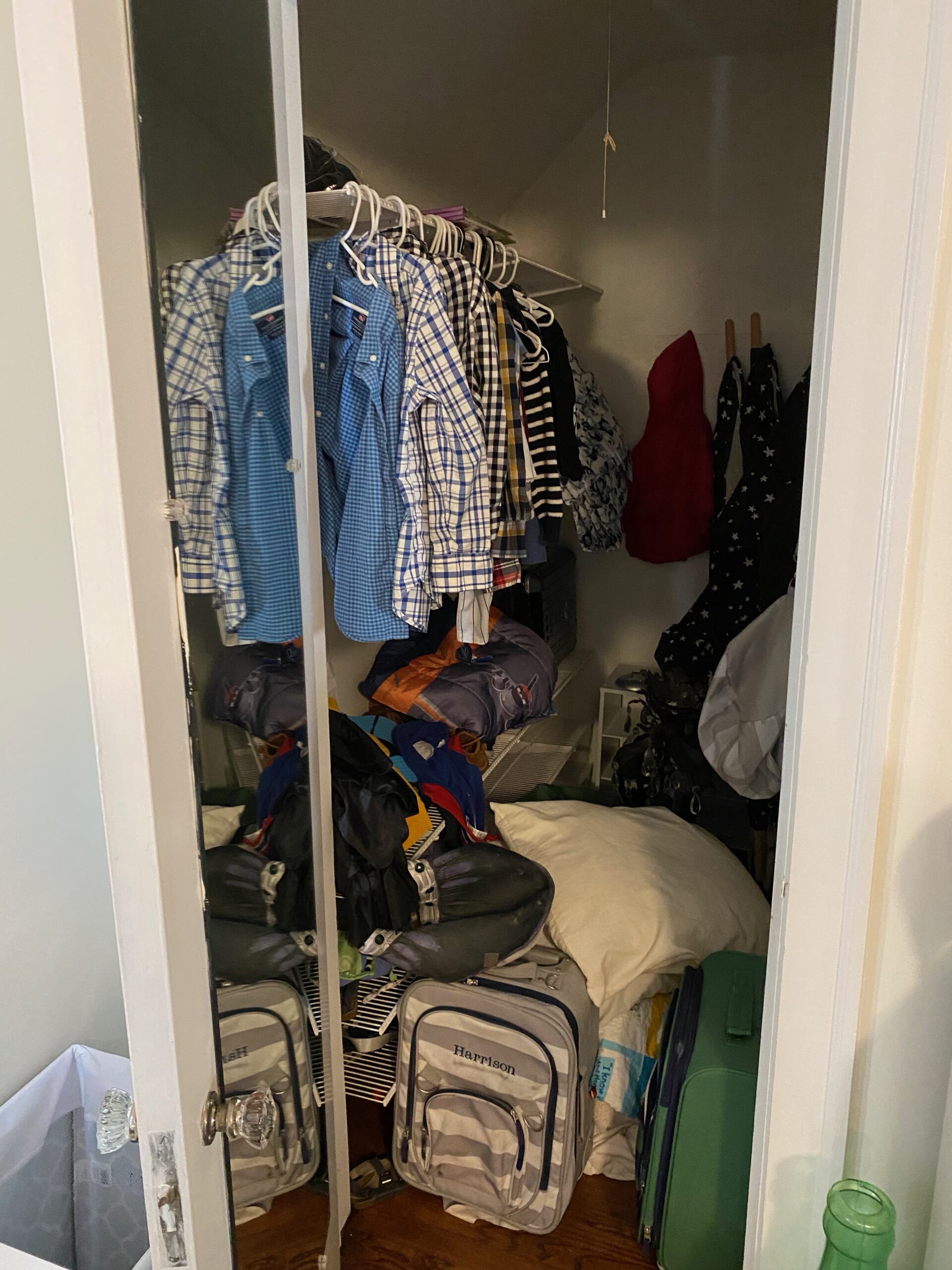 Boys' Closet Makeover before photo with clothes and other items