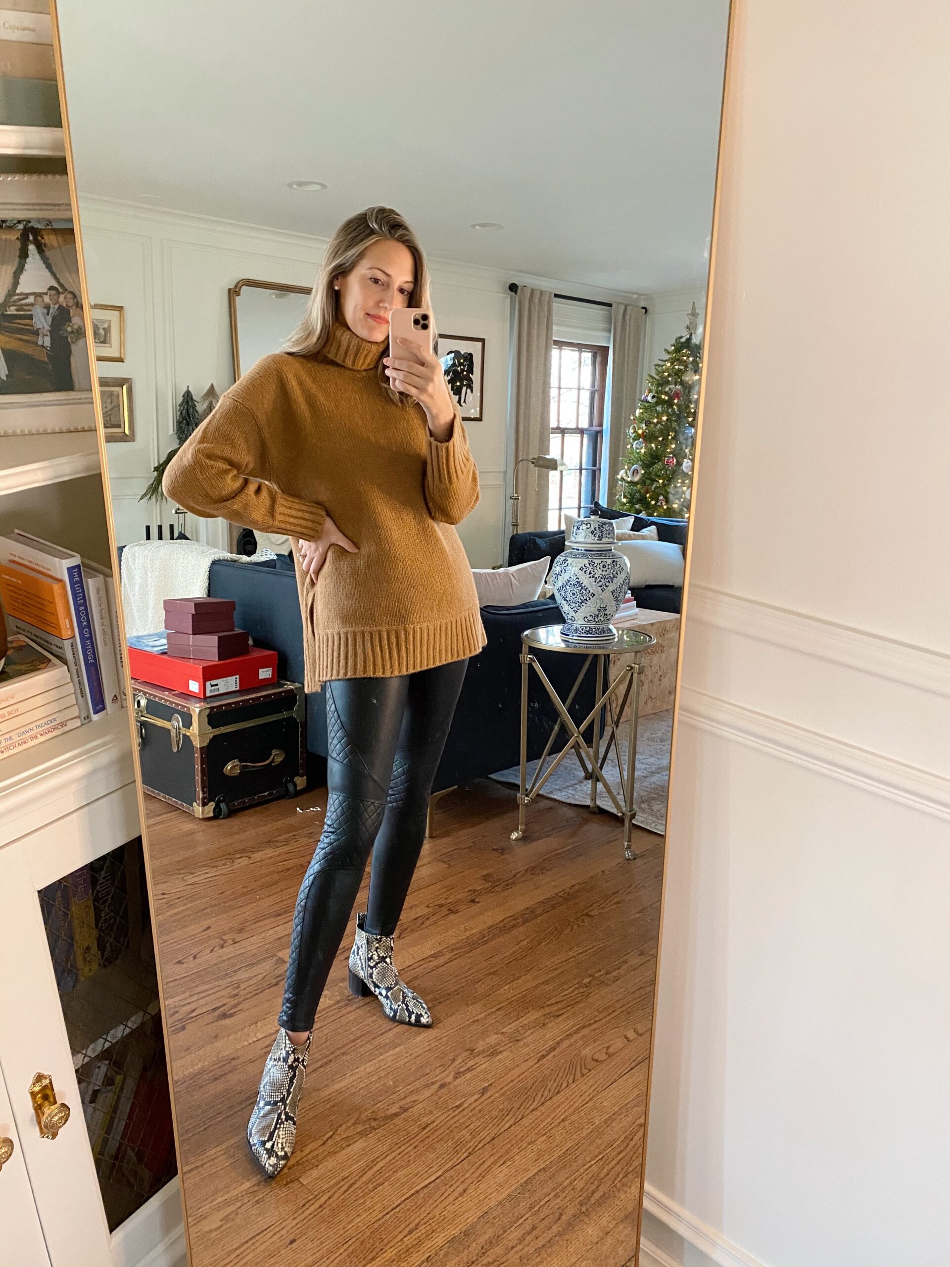 woman wearing camel colored sweater for Sweater Roundup