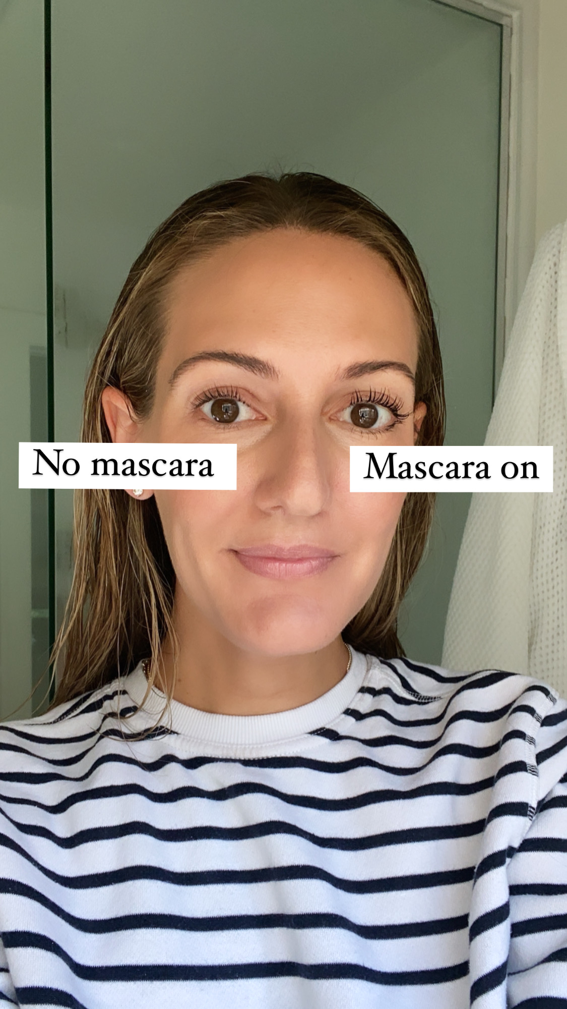 woman showing eyes with or without Thrive Mascara on her eyes