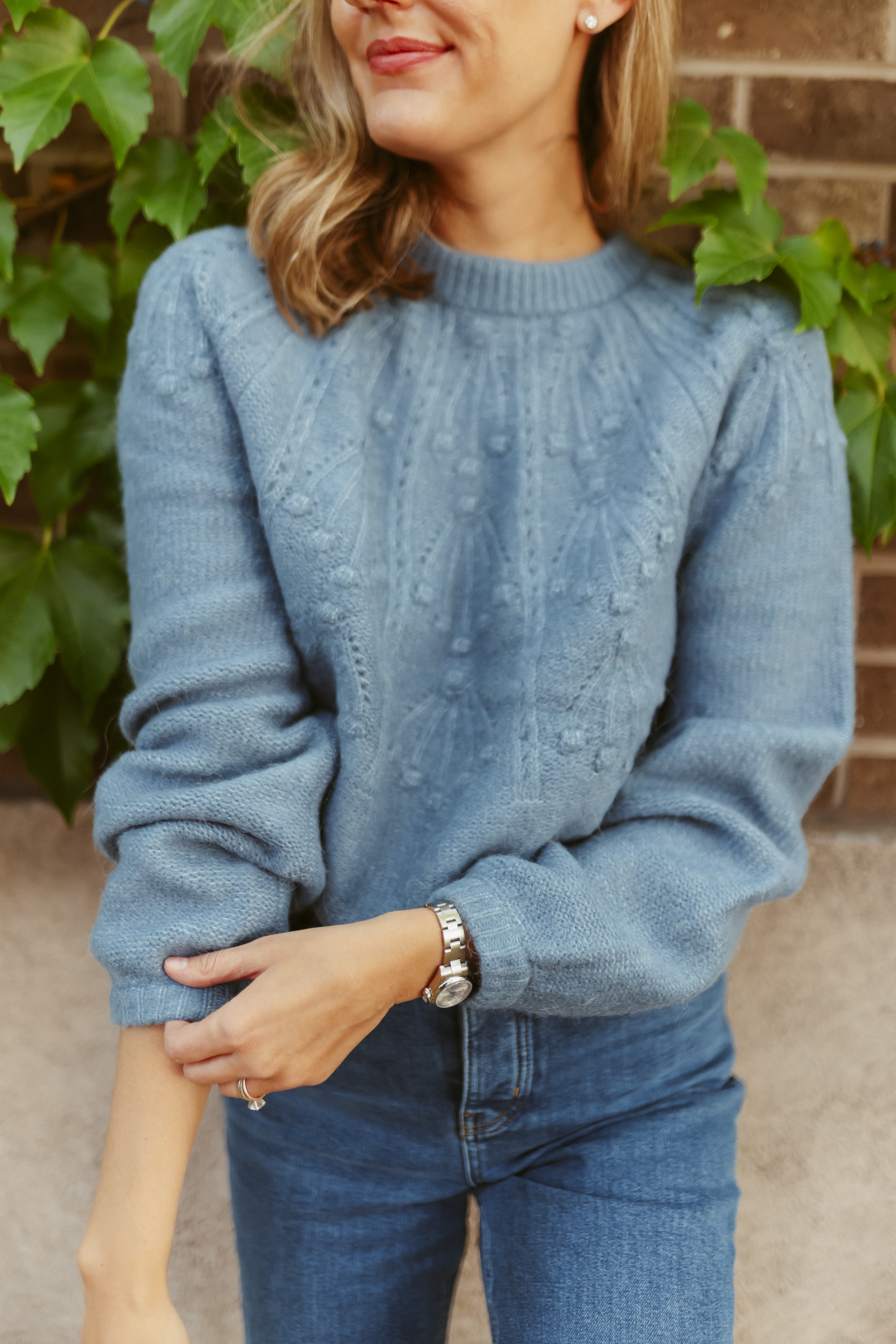 closer look of blue sweater for Holiday Style with Boden