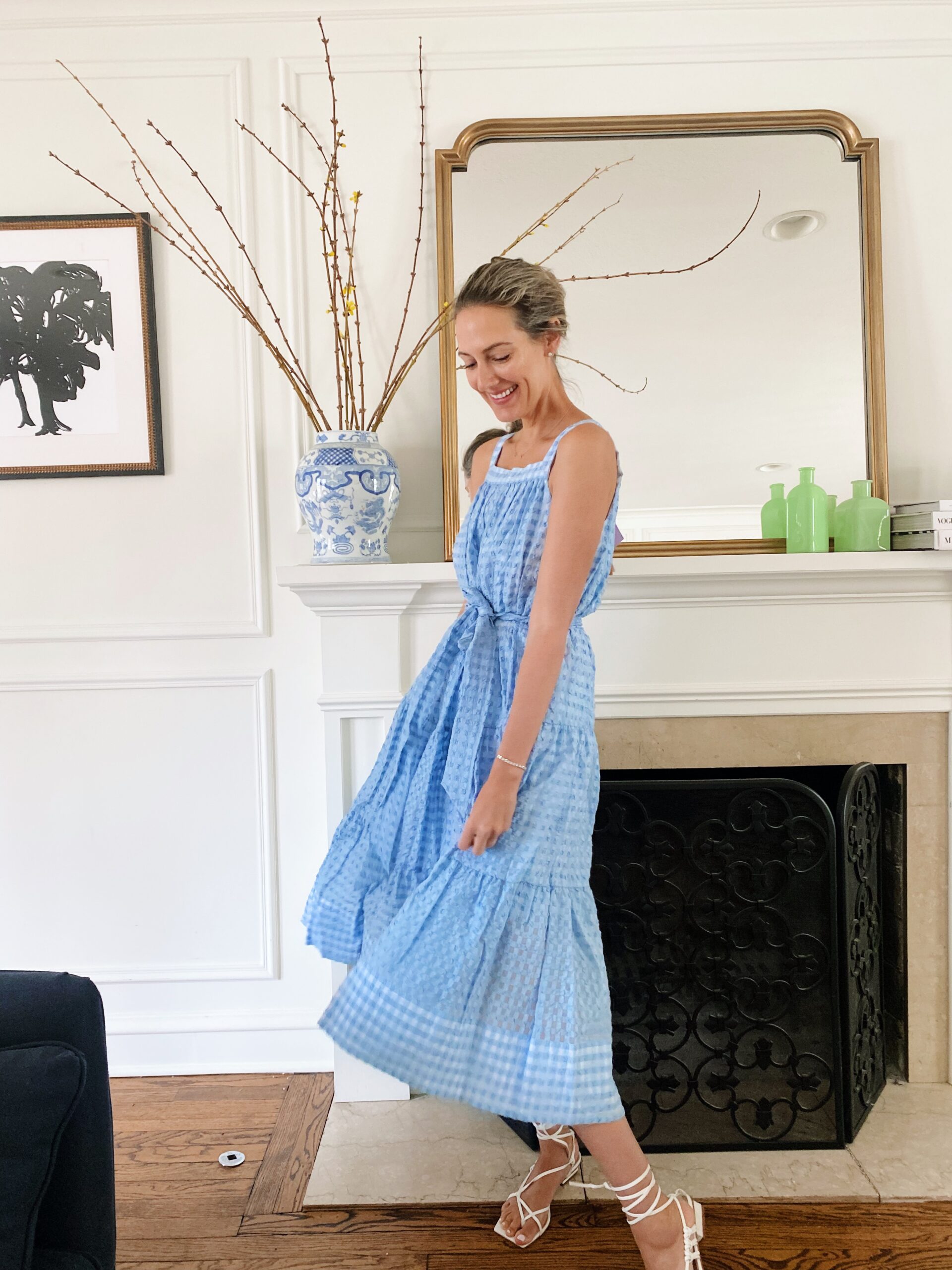 woman wearing blue dress from affordable spring fashion