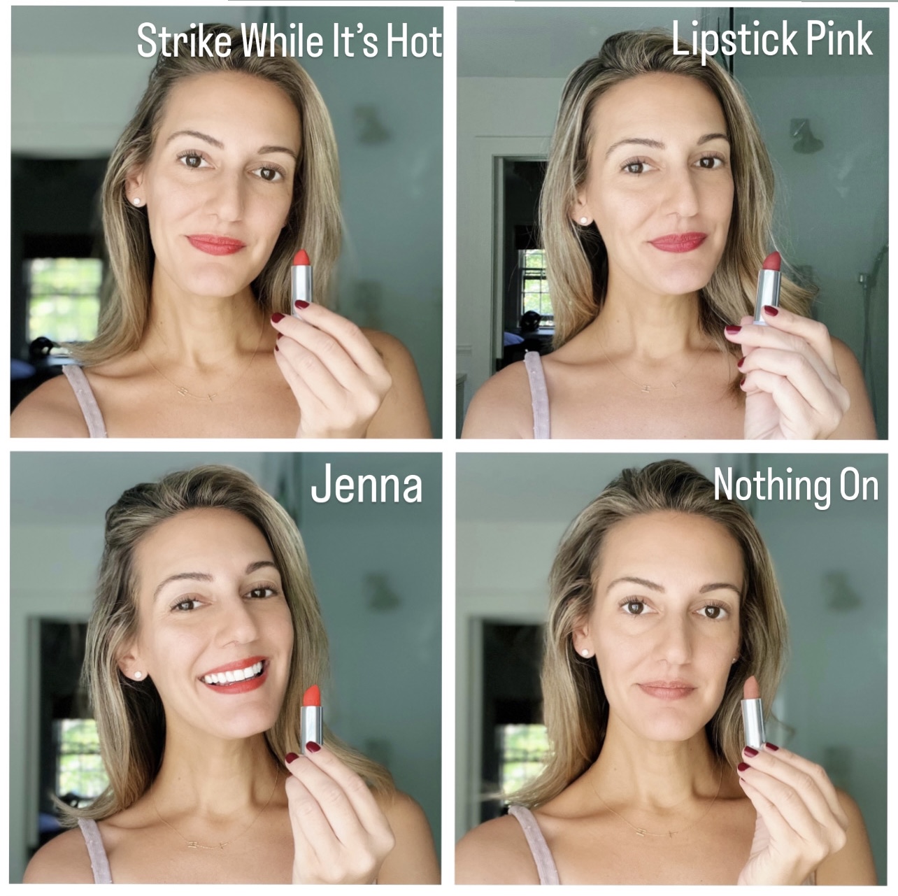 collage of woman using the unlipstick in different shades