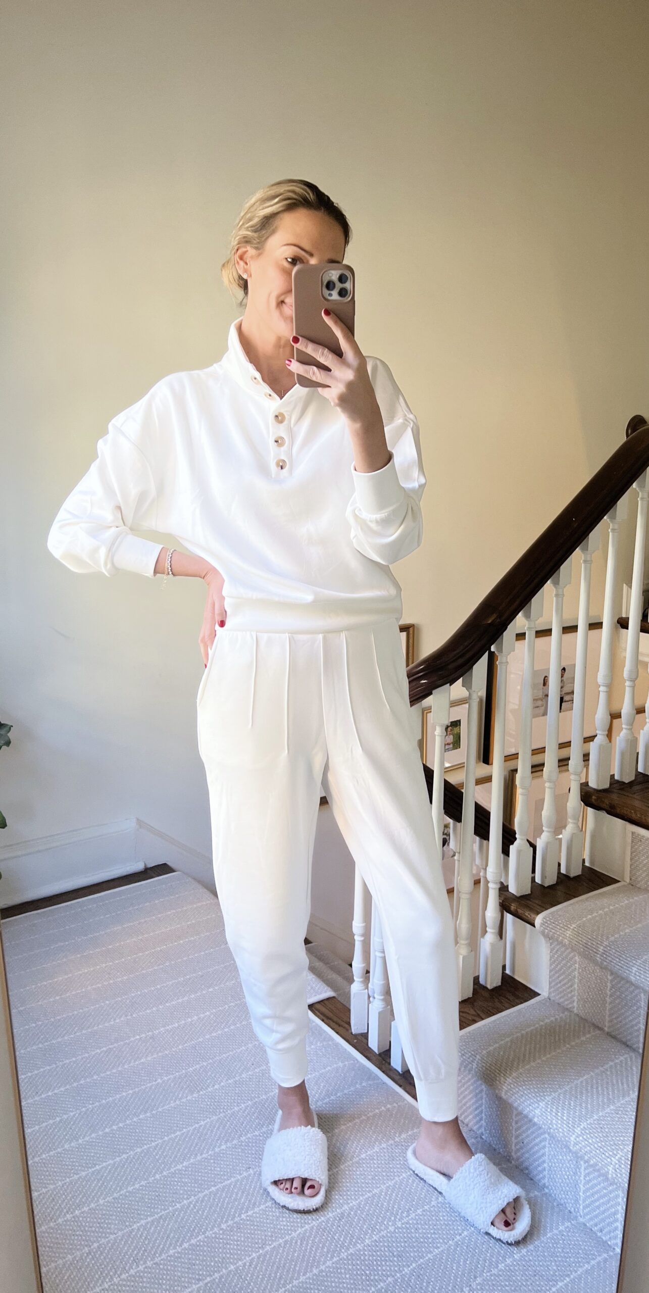woman in white sweater and joggers from Holiday Fashion with Walmart