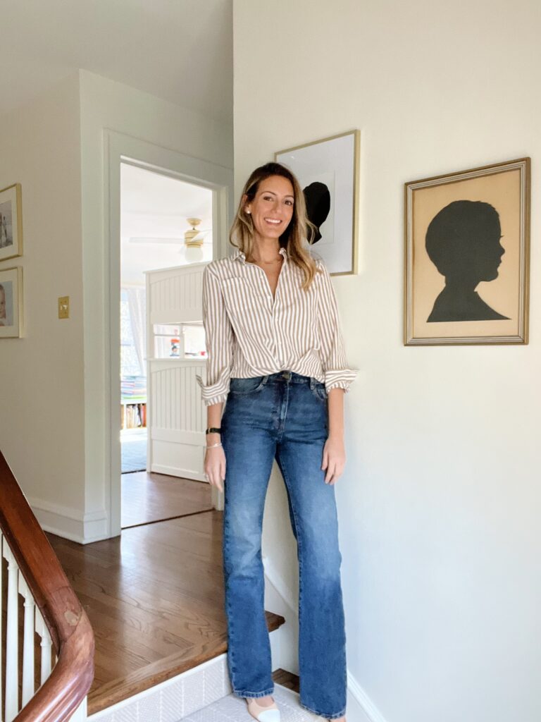 woman wearing January Refresh with Sézane button down and pants