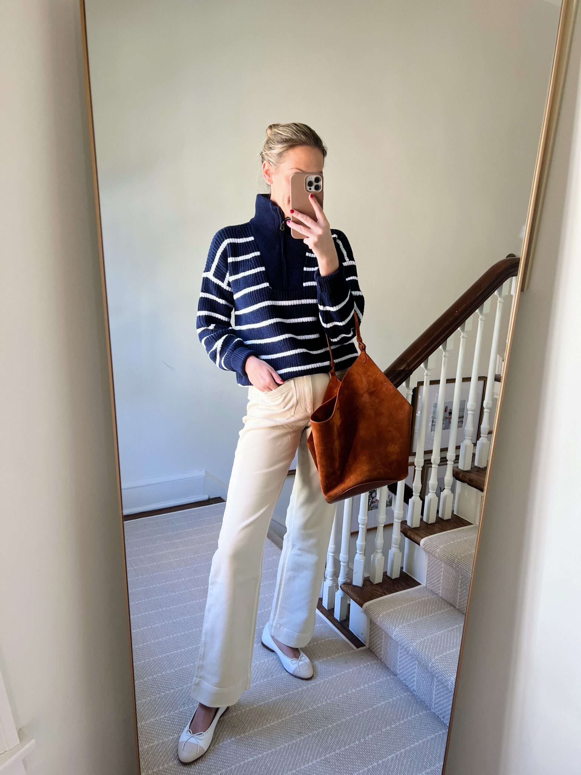 woman in stripe sweater and pants for Real Outfit Recap