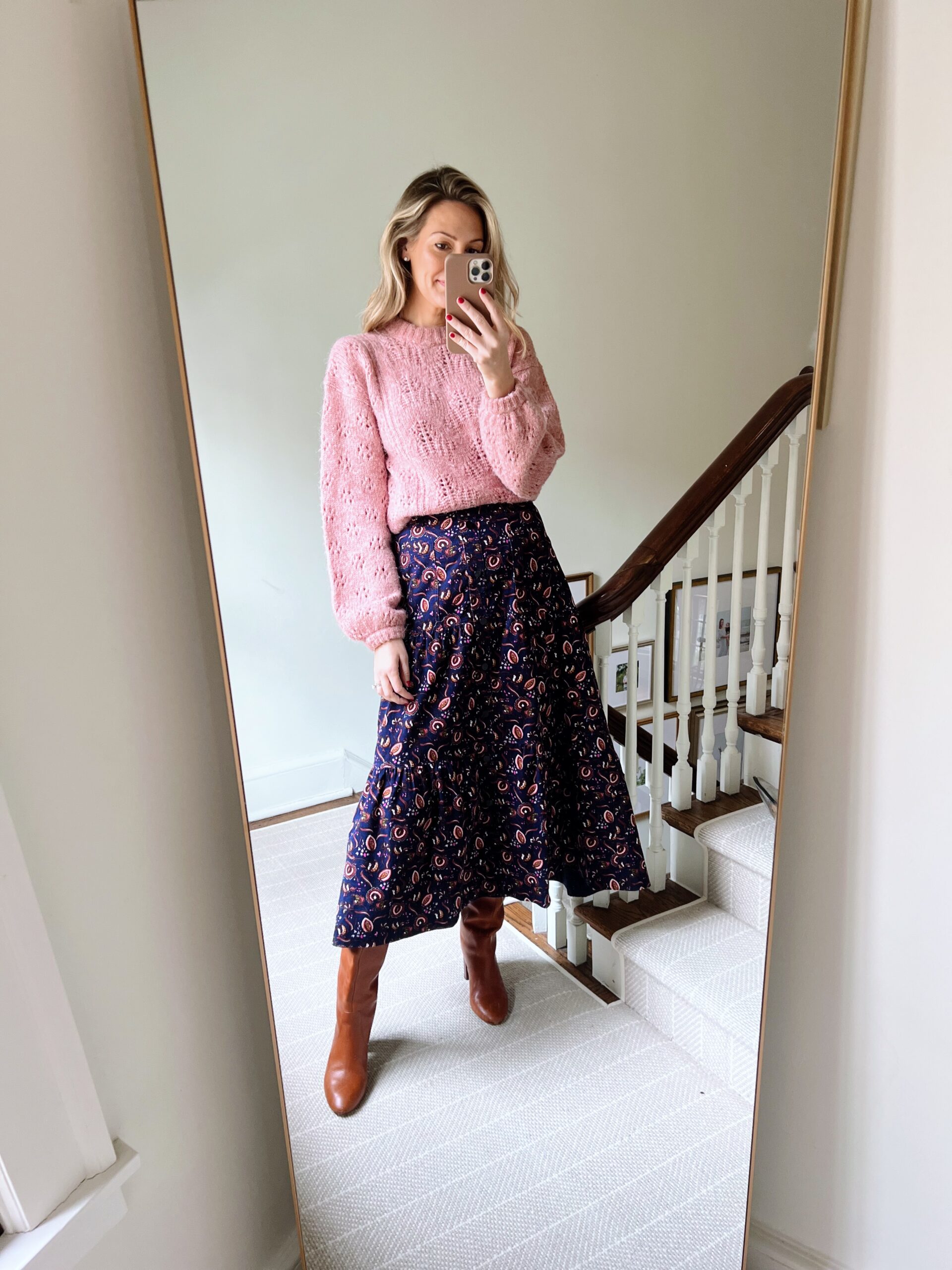 woman in pink sweater and skirt for Real Outfit Recap