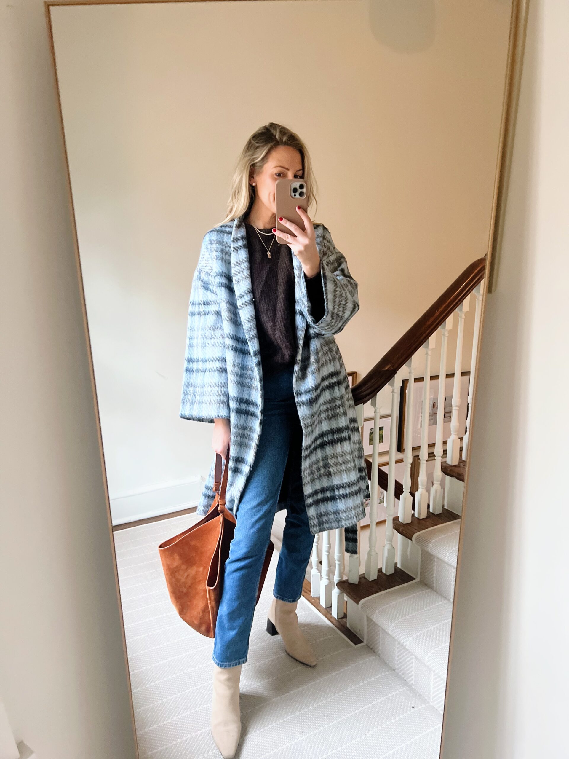 woman in blue coat, top, and jeans for Real Outfit Recap
