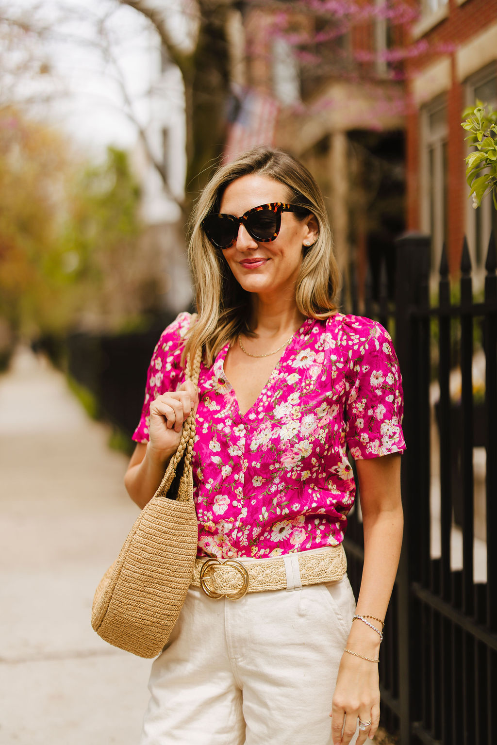 woman wearing pink floral top