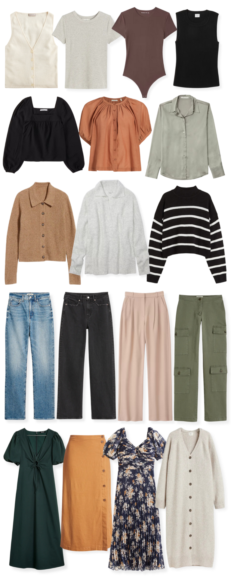 sweaters, tees, bodysuits, blouses, jeans, trousers, dresses and skirts for a fall capsule wardrobe