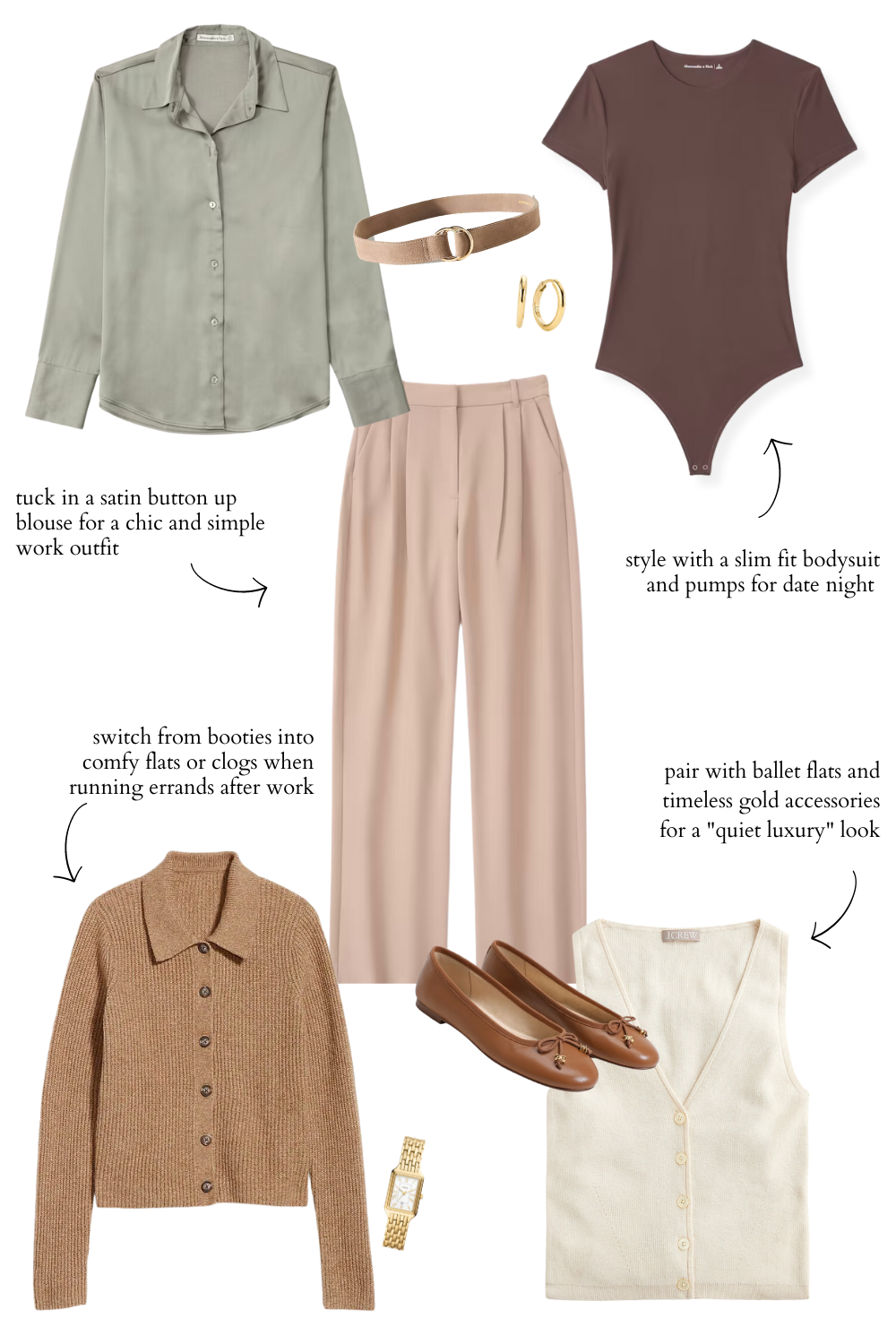 Tan trousers with 4 different tops for a capsule wardrobe